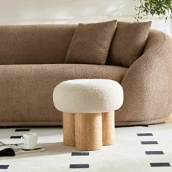 Walker Edison | Minimalist Curve Wooden Mushroom Boucle Stool