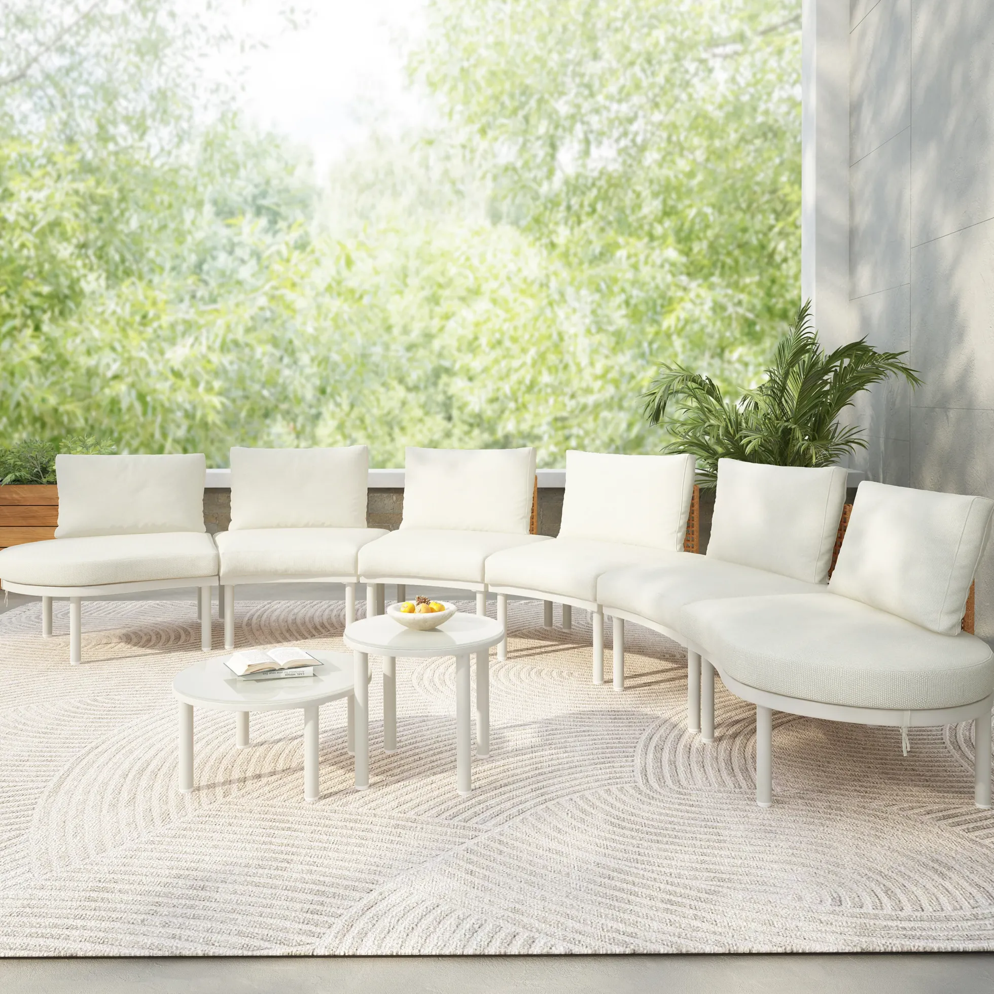 Walker Edison | Minimalist Half Moon Outdoor 8-Piece Modular Sofa Set with Nesting Tables