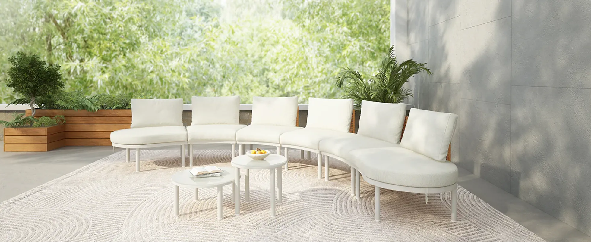 Walker Edison | Minimalist Half Moon Outdoor 8-Piece Modular Sofa Set with Nesting Tables