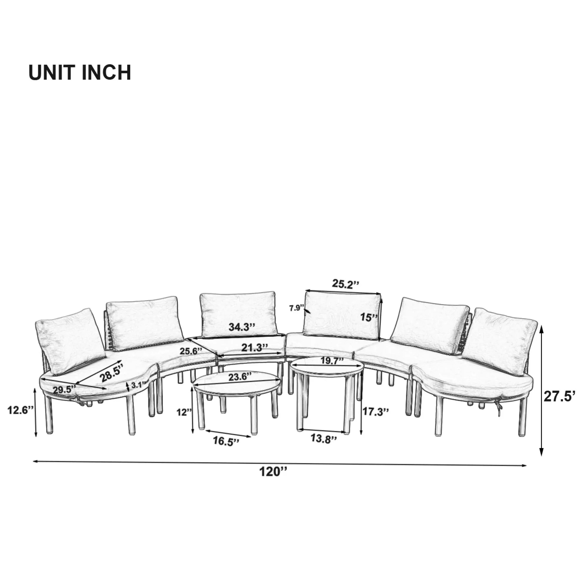 Walker Edison | Minimalist Half Moon Outdoor 8-Piece Modular Sofa Set with Nesting Tables
