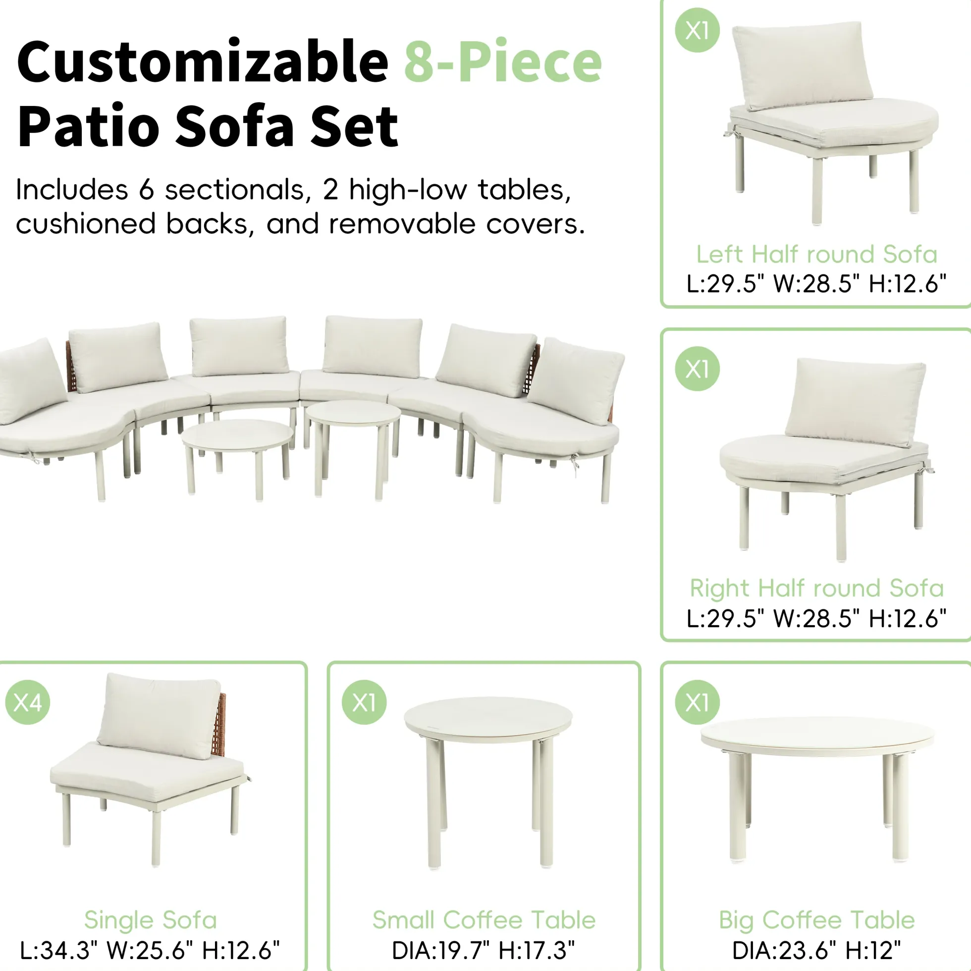 Walker Edison | Minimalist Half Moon Outdoor 8-Piece Modular Sofa Set with Nesting Tables