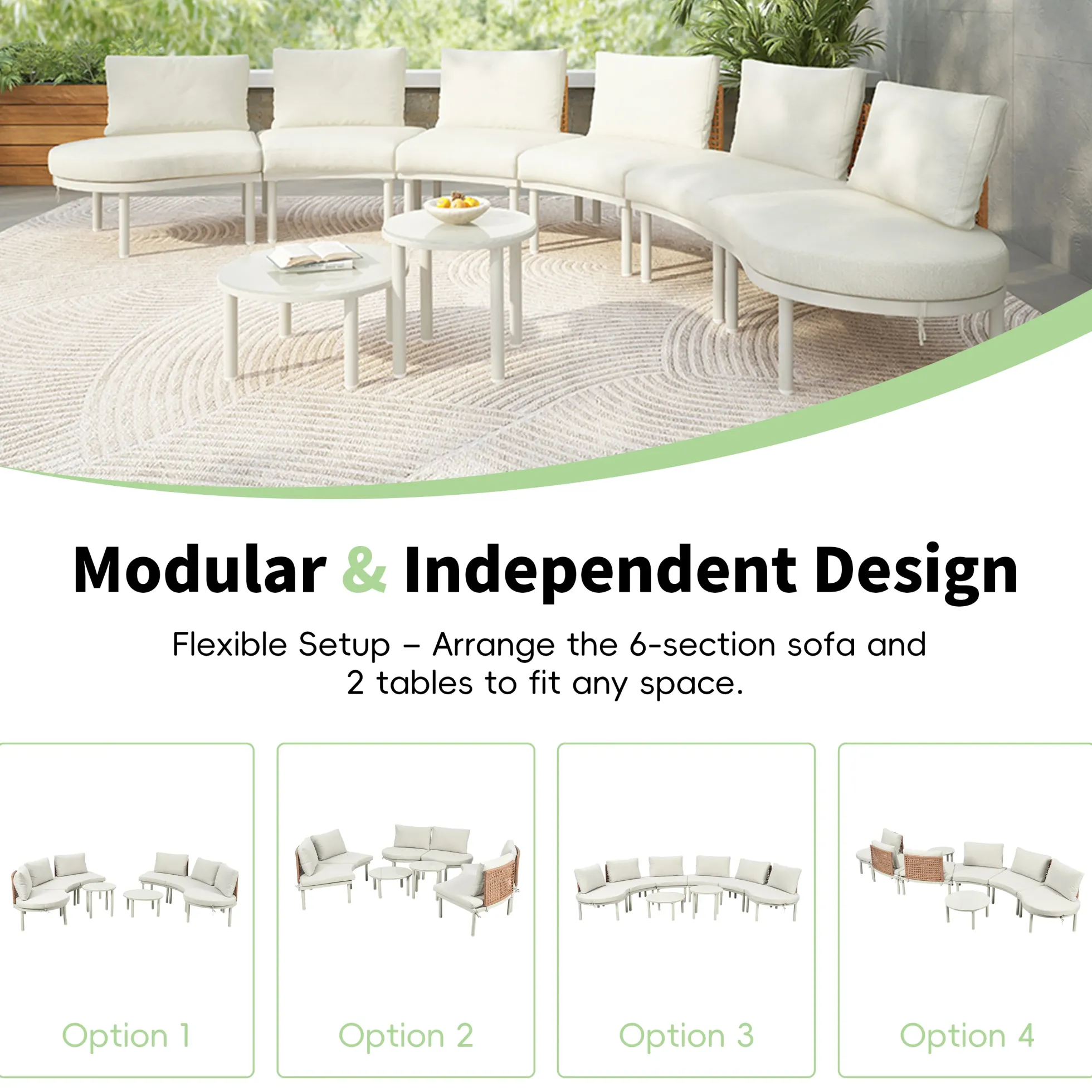 Walker Edison | Minimalist Half Moon Outdoor 8-Piece Modular Sofa Set with Nesting Tables