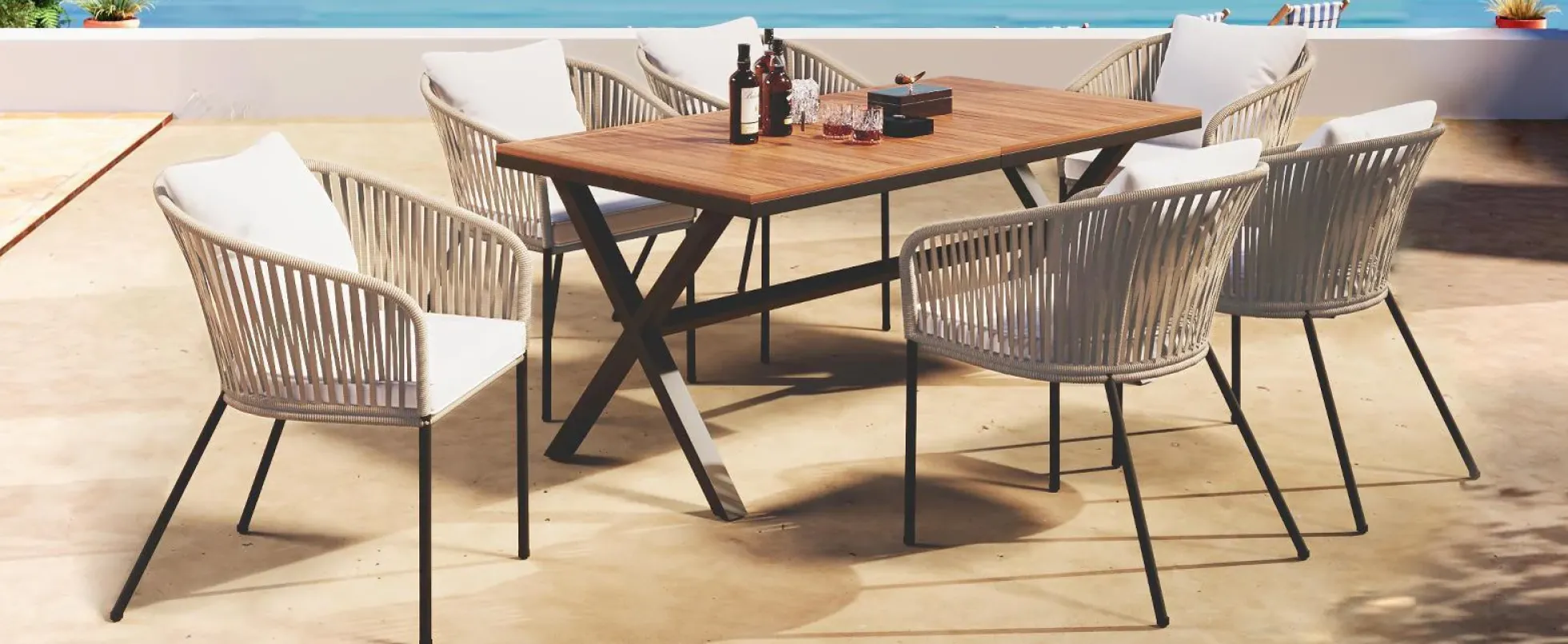 Walker Edison | Modern All-Weather Outdoor 7 Piece Patio Dining Set