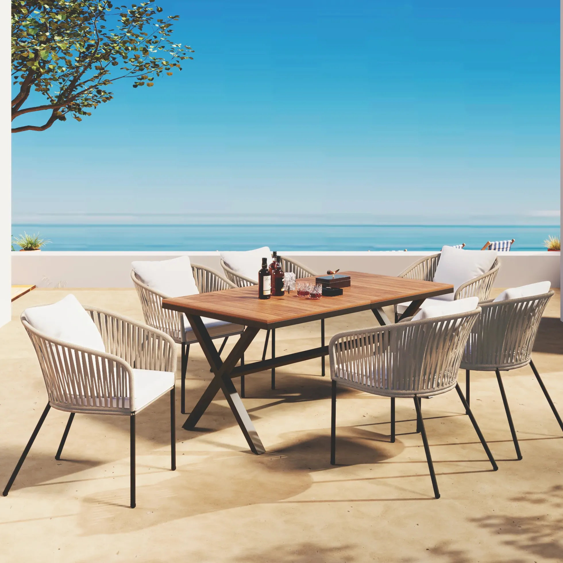 Walker Edison | Modern All-Weather Outdoor 7 Piece Patio Dining Set