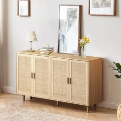 Walker Edison | Modern 4-Door Rattan Storage Sideboard TV Stand