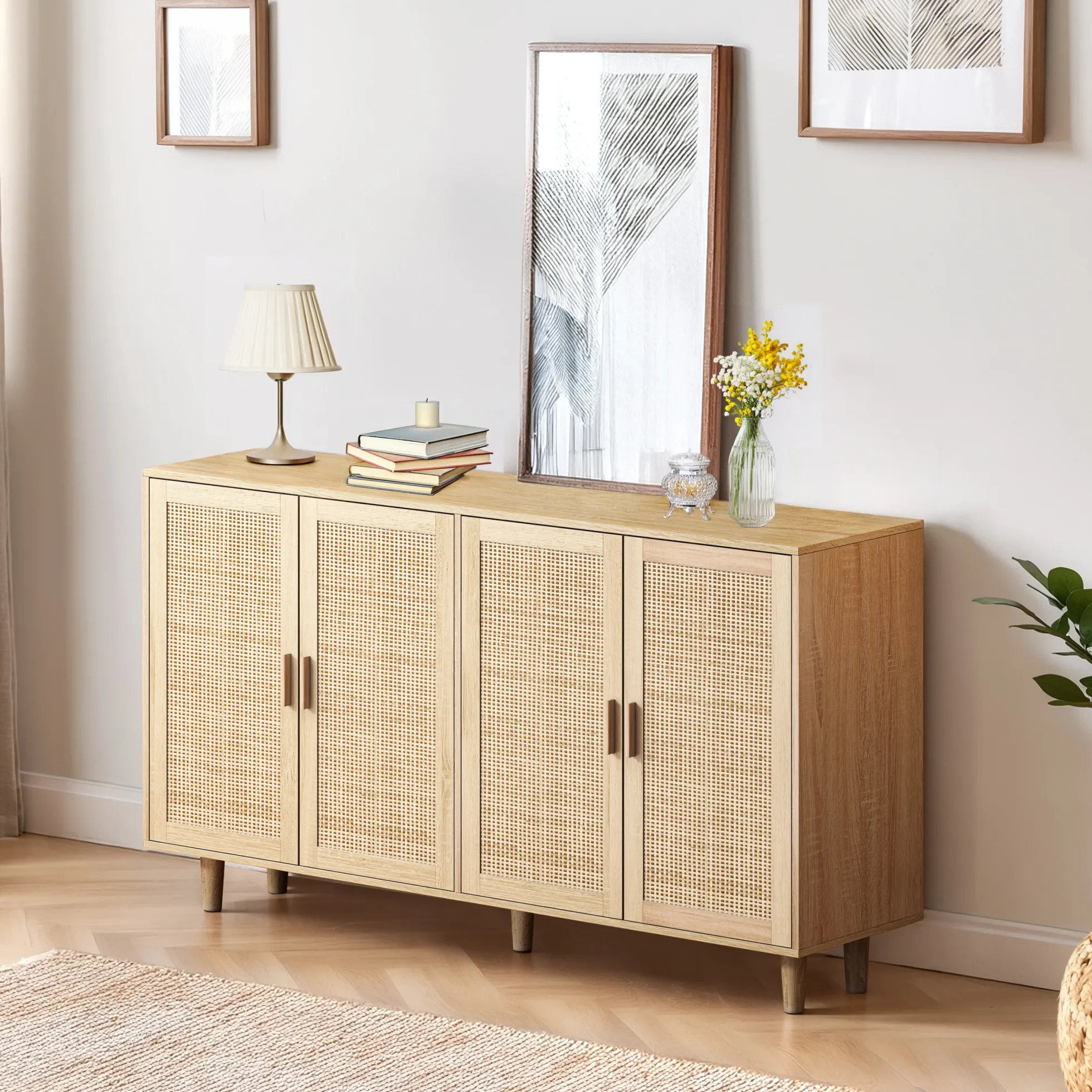 Walker Edison | Modern 4-Door Rattan Storage Sideboard TV Stand
