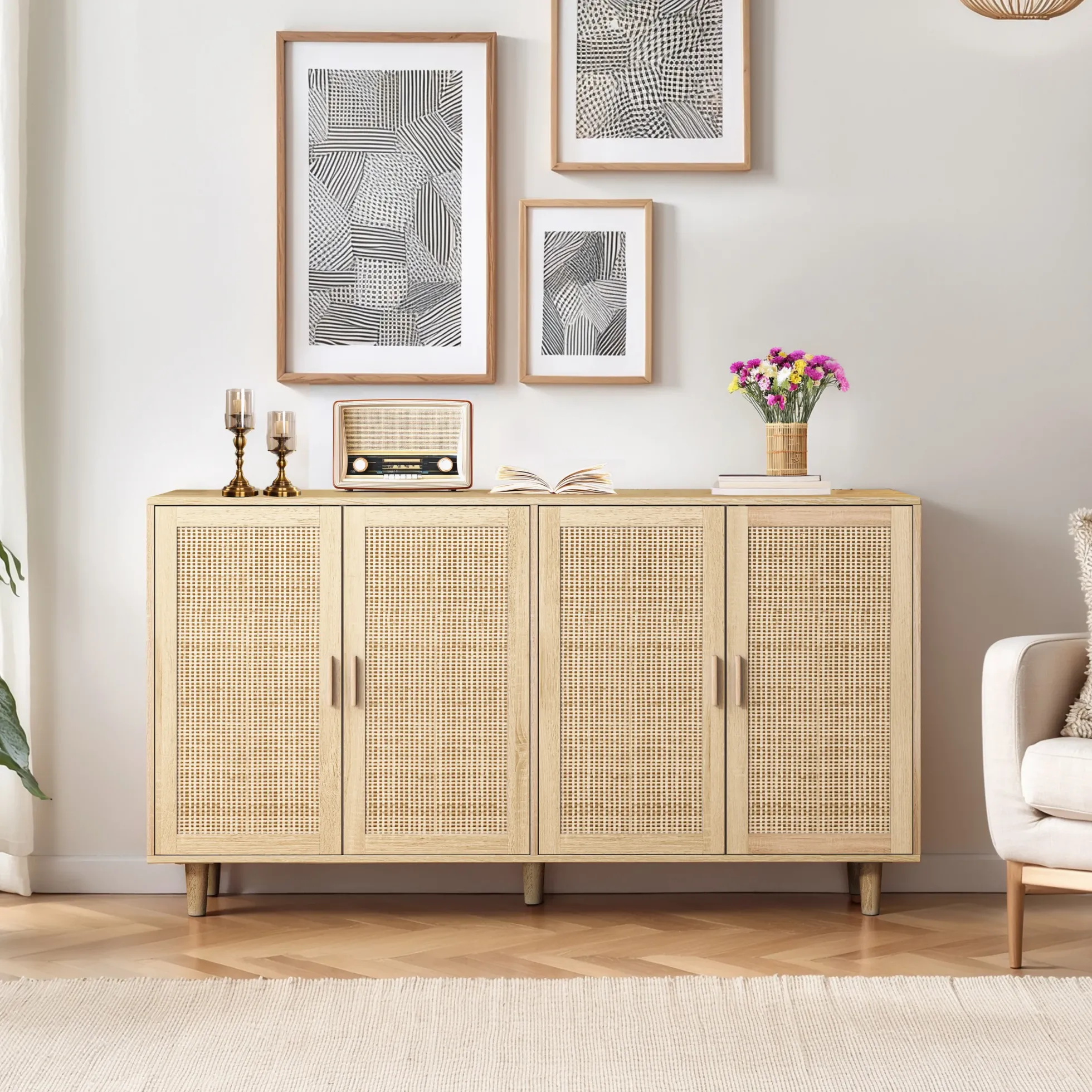 Walker Edison | Modern 4-Door Rattan Storage Sideboard TV Stand