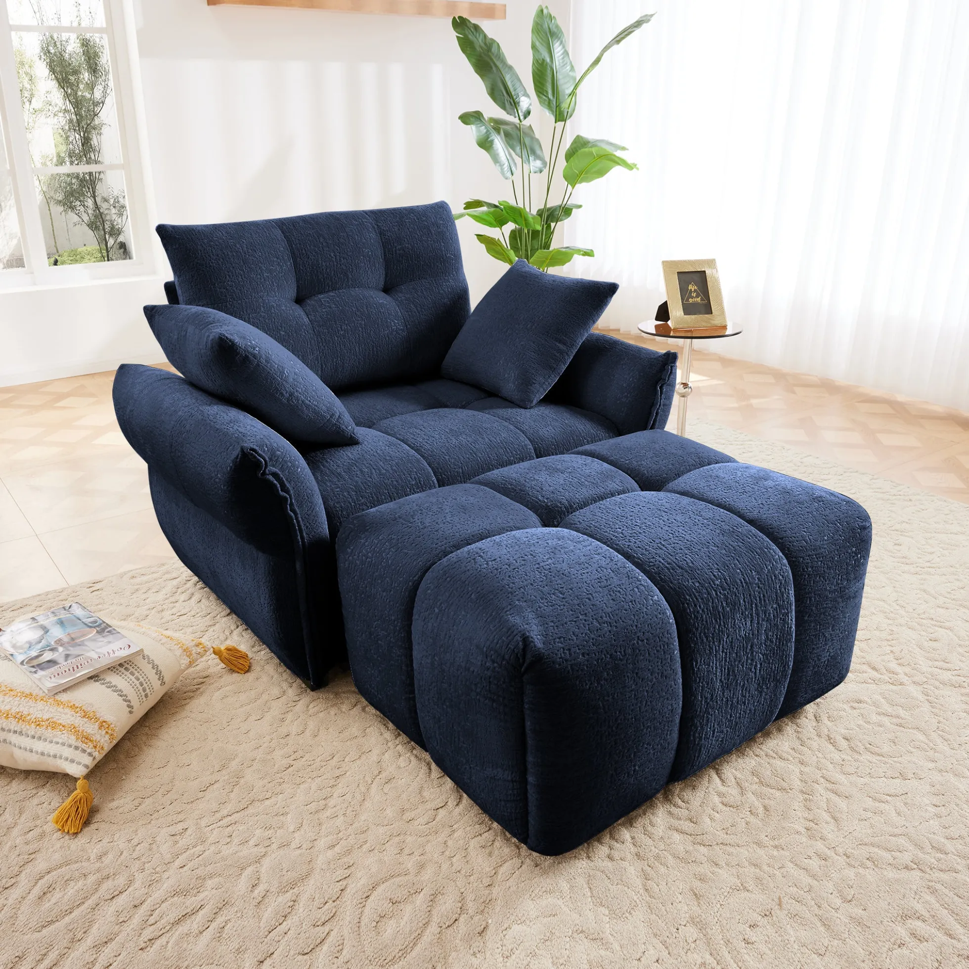 Walker Edison | Modern Ergonomic Blue Chenille Accent Chair with Ottoman Set
