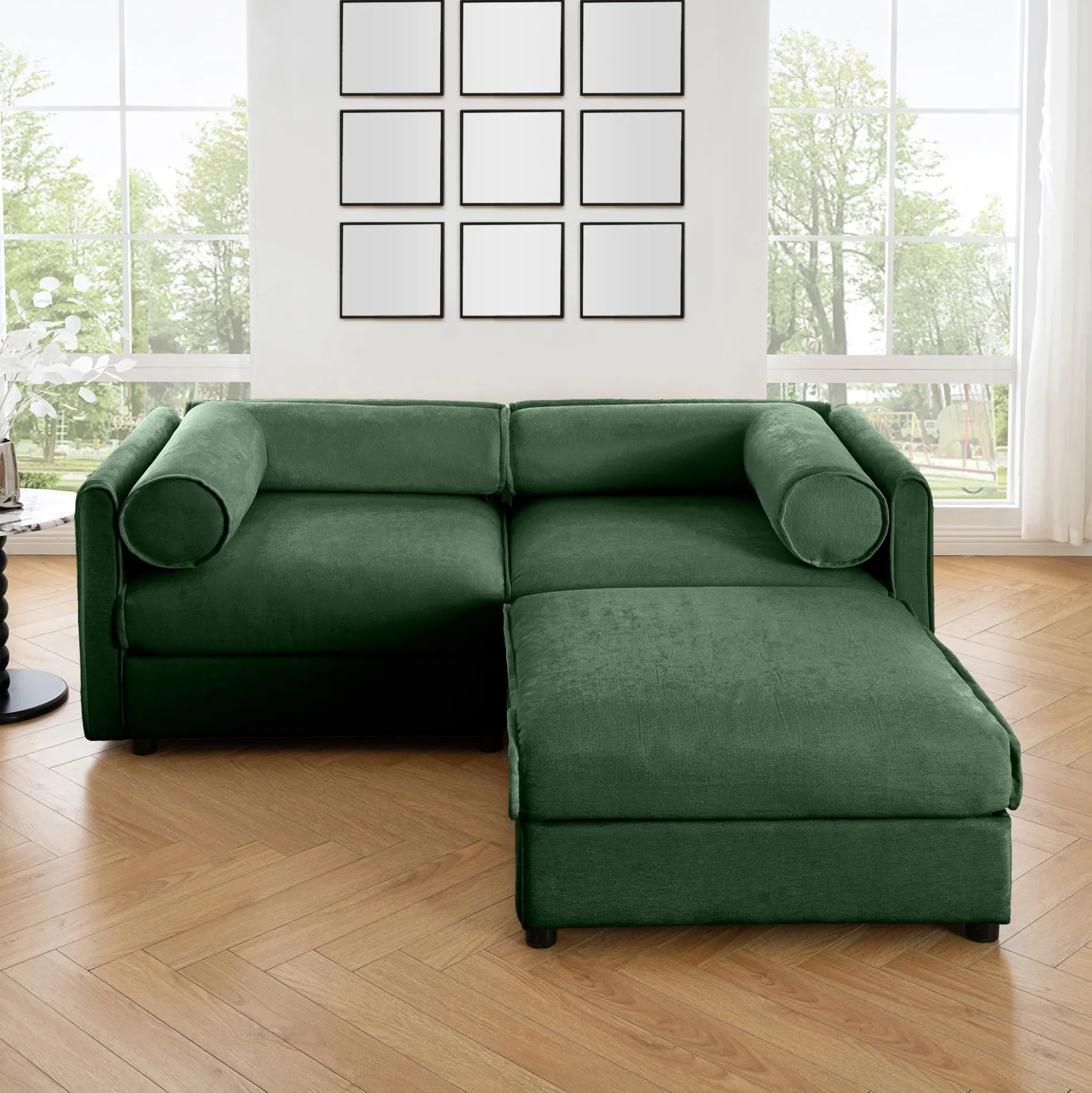 Walker Edison | Modern Green Chenille 2-Seater Loveseat Sofa with Ottoman Storage