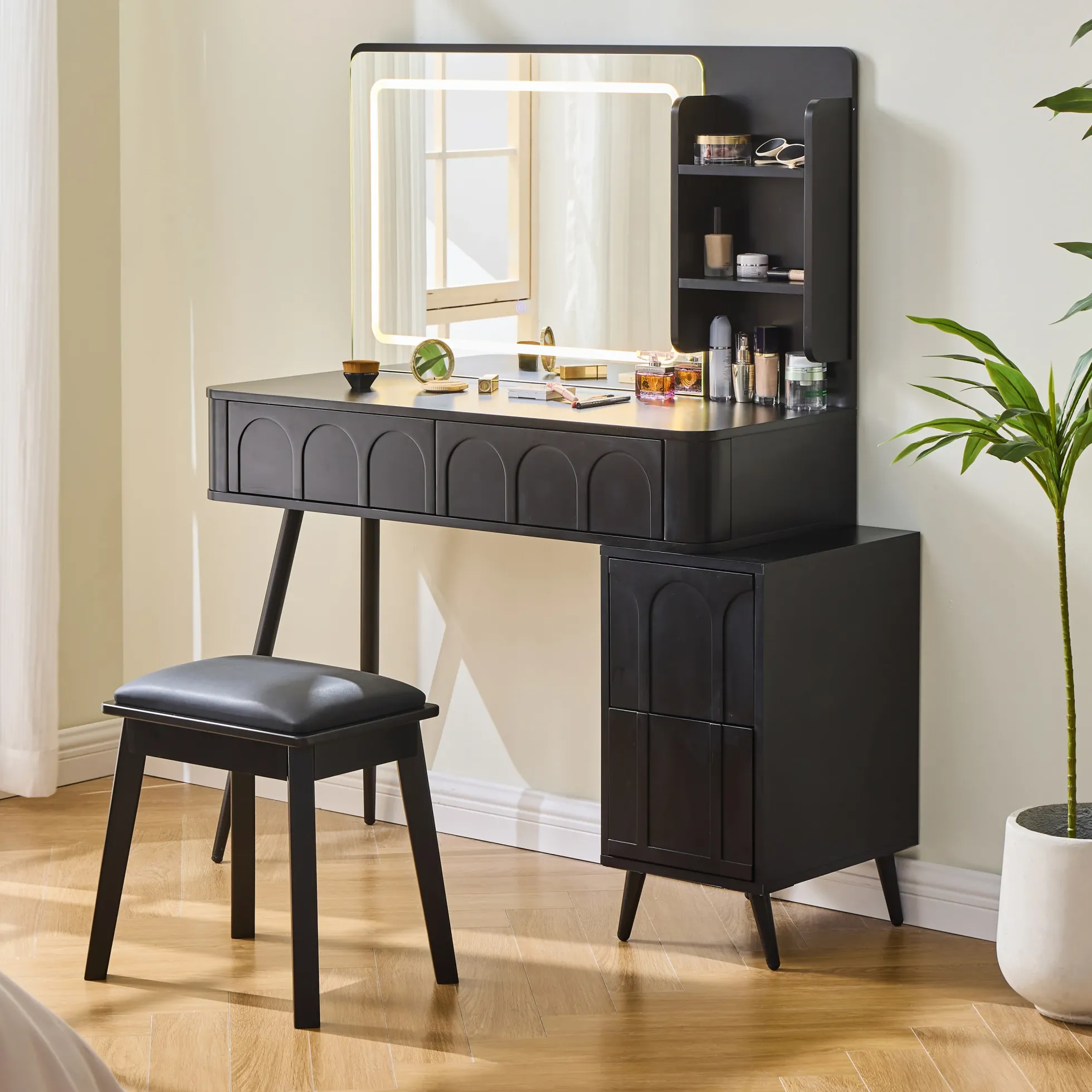 Walker Edison | Modern Makeup Vanity Desk with LED Lights & Mirror