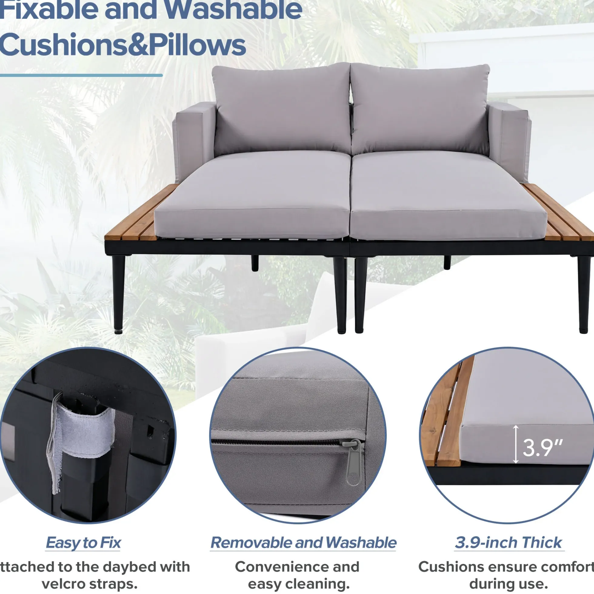 Walker Edison | Modern Outdoor Patio Daybed with Wood Topped Side Tables