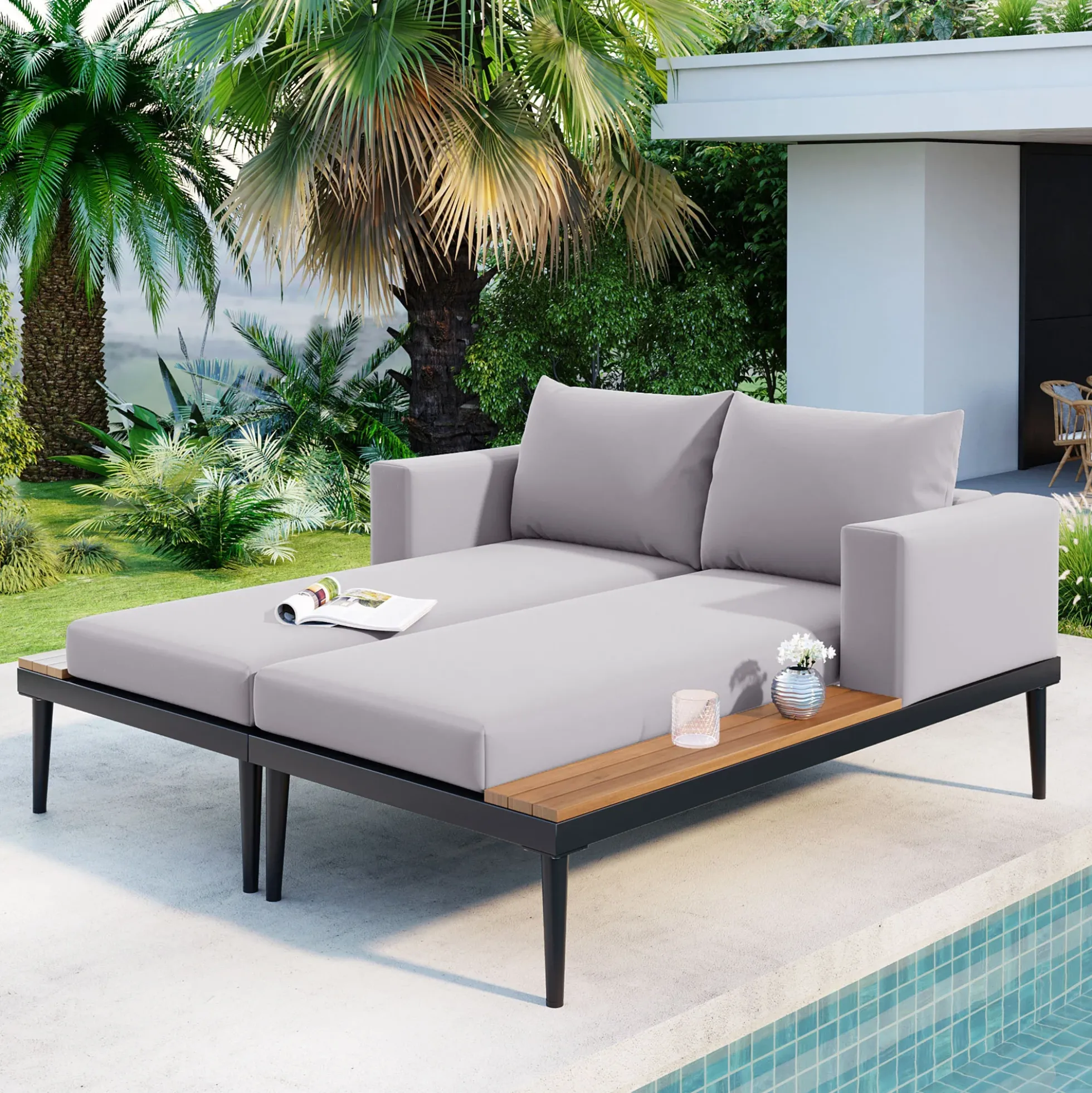 Walker Edison | Modern Outdoor Patio Daybed with Wood Topped Side Tables