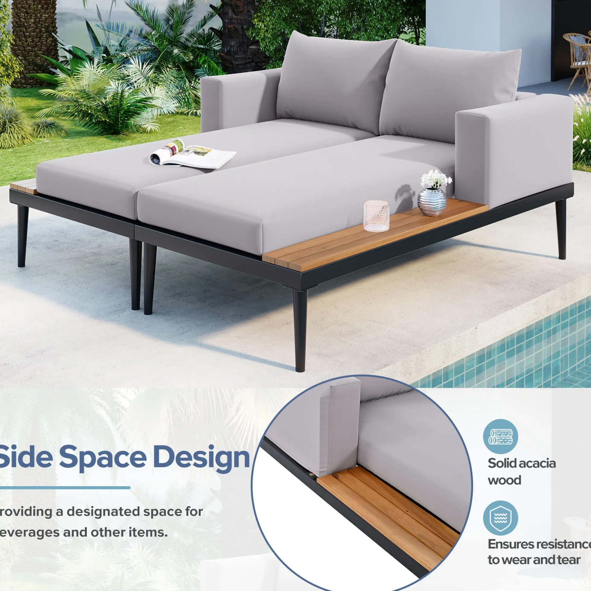 Walker Edison | Modern Outdoor Patio Daybed with Wood Topped Side Tables