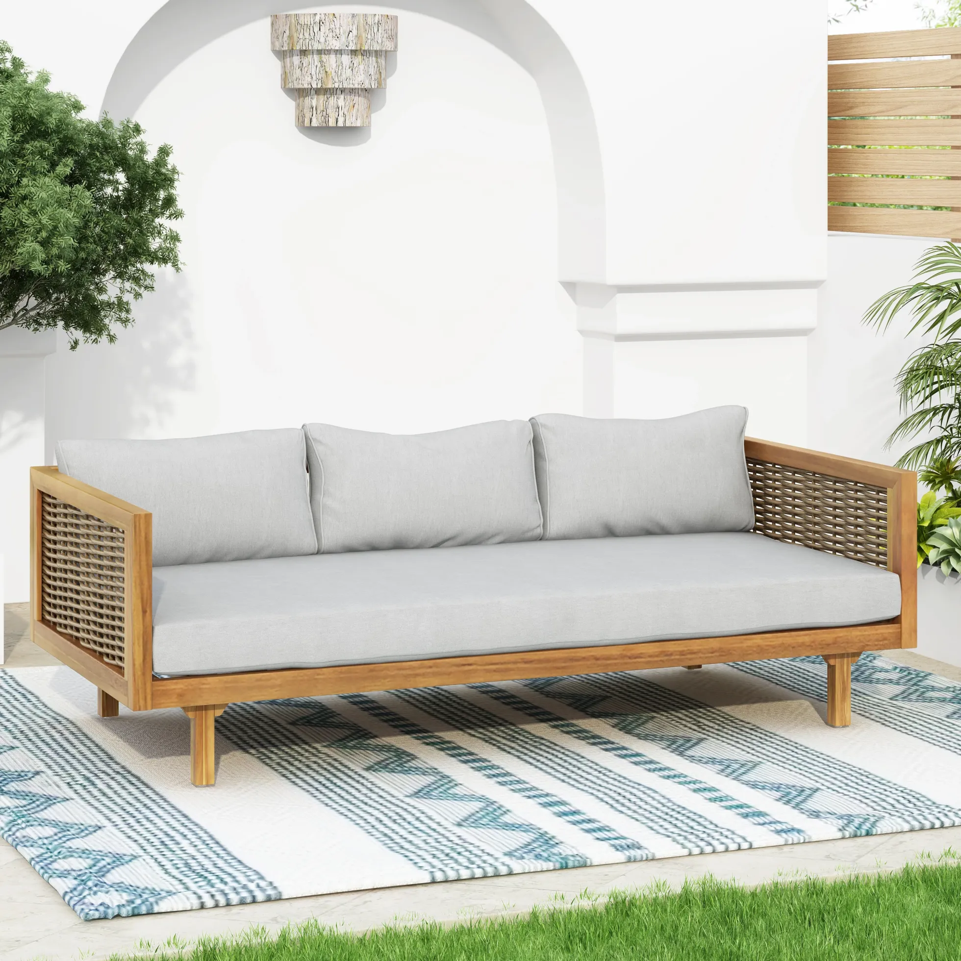 Walker Edison | Modern Outdoor Teak Rattan Deep Seat Daybed