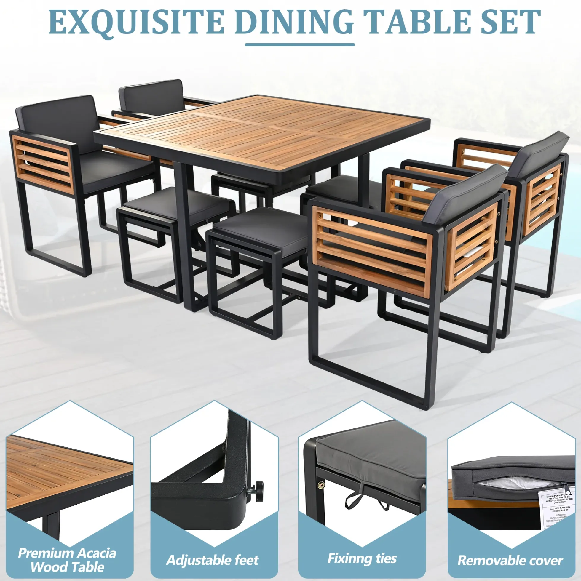 Walker Edison | Modern 9-Pieces Acacia Wood Patio Dining Set