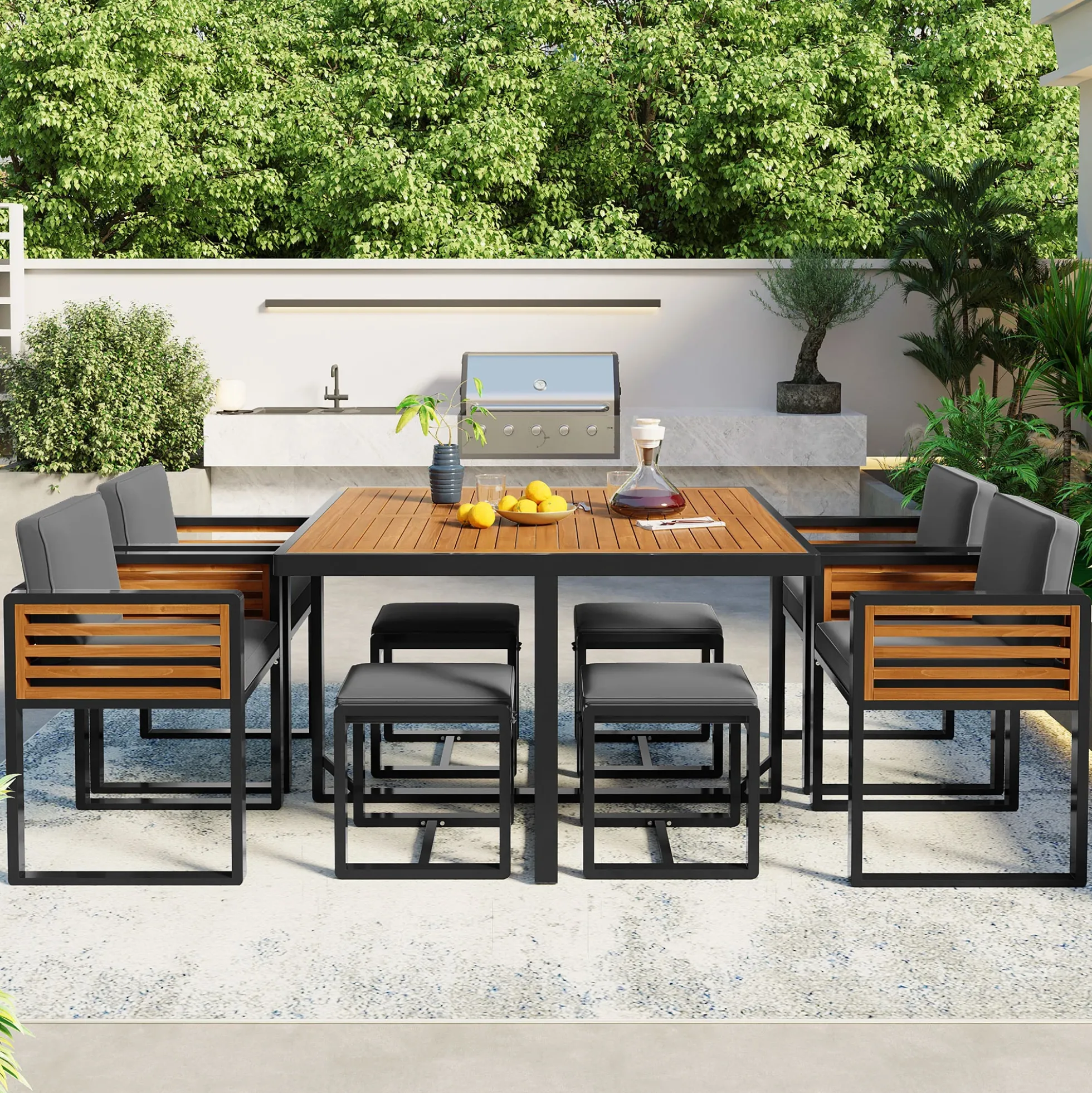 Walker Edison | Modern 9-Pieces Acacia Wood Patio Dining Set