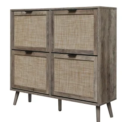Walker Edison | Modern Rattan 4 Door Shoe Rack Cabinet for Entryway
