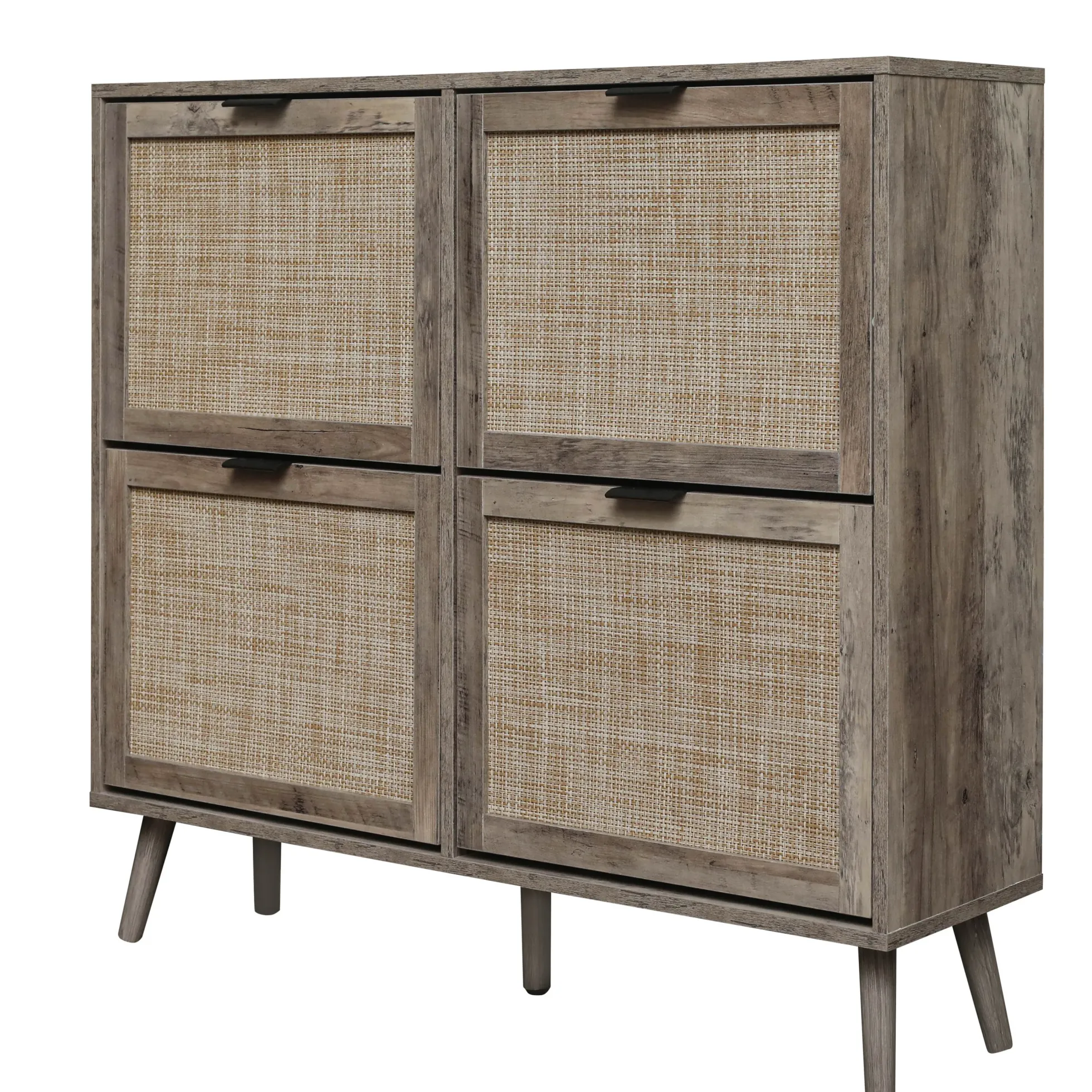 Walker Edison | Modern Rattan 4 Door Shoe Rack Cabinet for Entryway