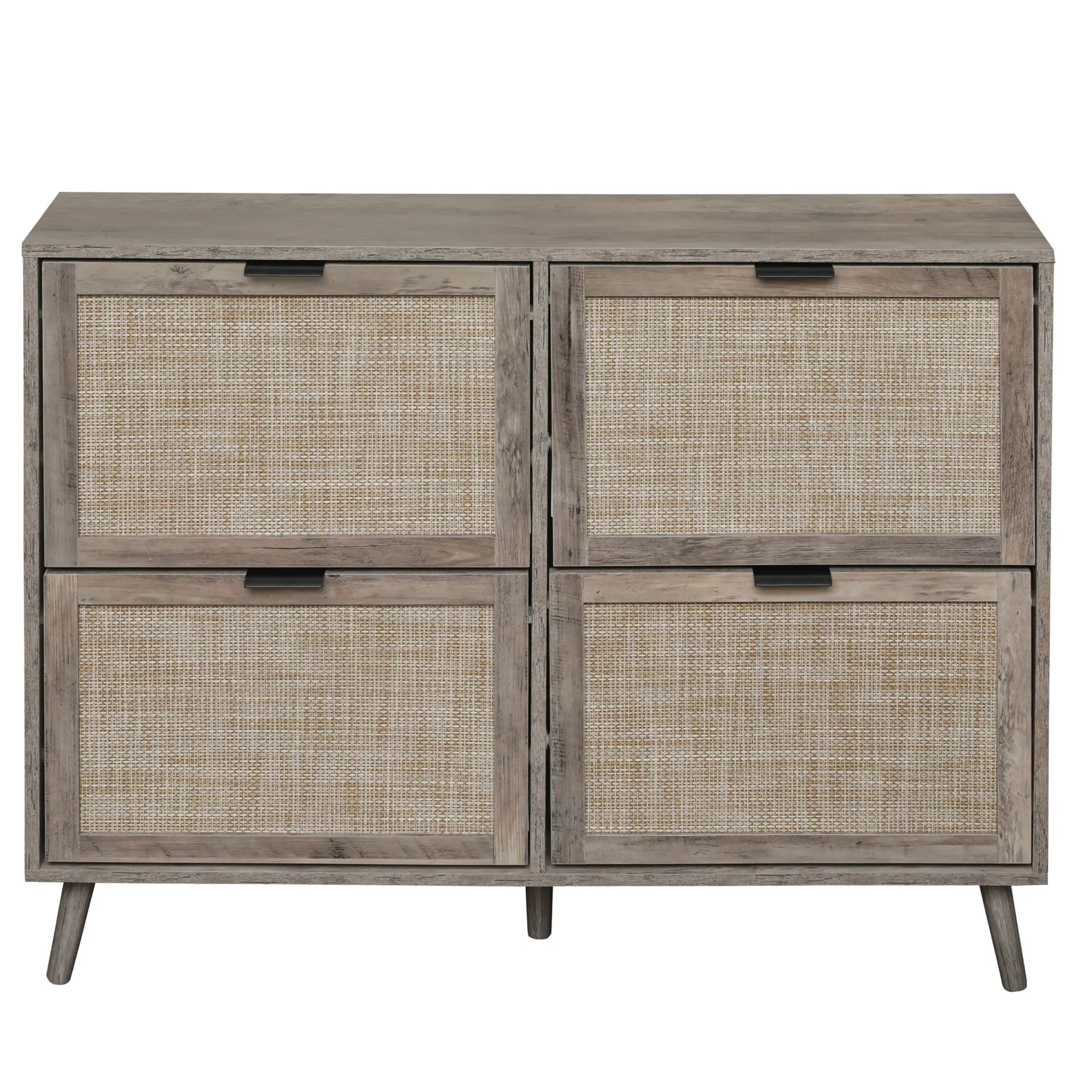 Walker Edison | Modern Rattan 4 Door Shoe Rack Cabinet for Entryway