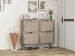 Walker Edison | Modern Rattan 4 Door Shoe Rack Cabinet for Entryway