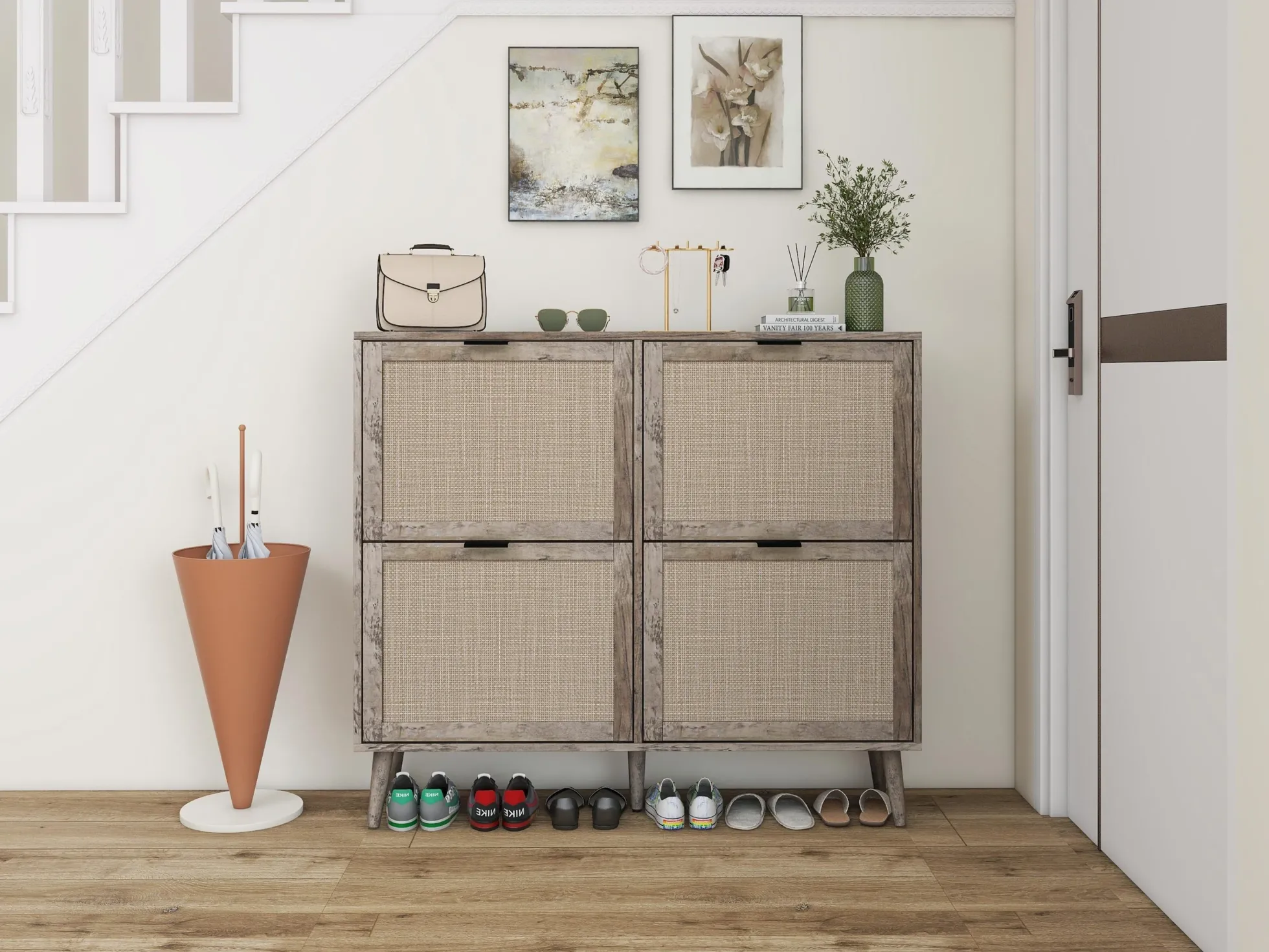 Walker Edison | Modern Rattan 4 Door Shoe Rack Cabinet for Entryway