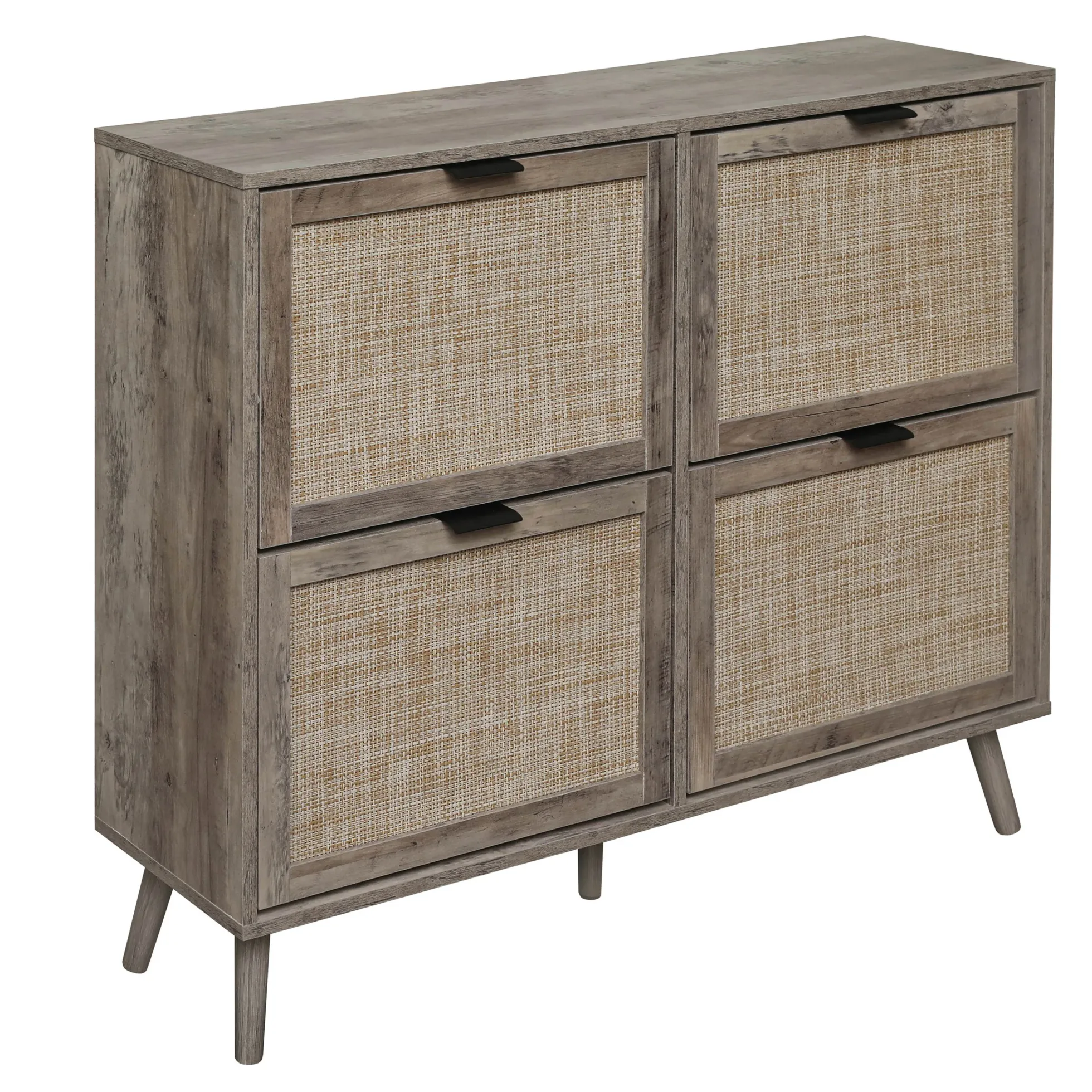 Walker Edison | Modern Rattan 4 Door Shoe Rack Cabinet for Entryway
