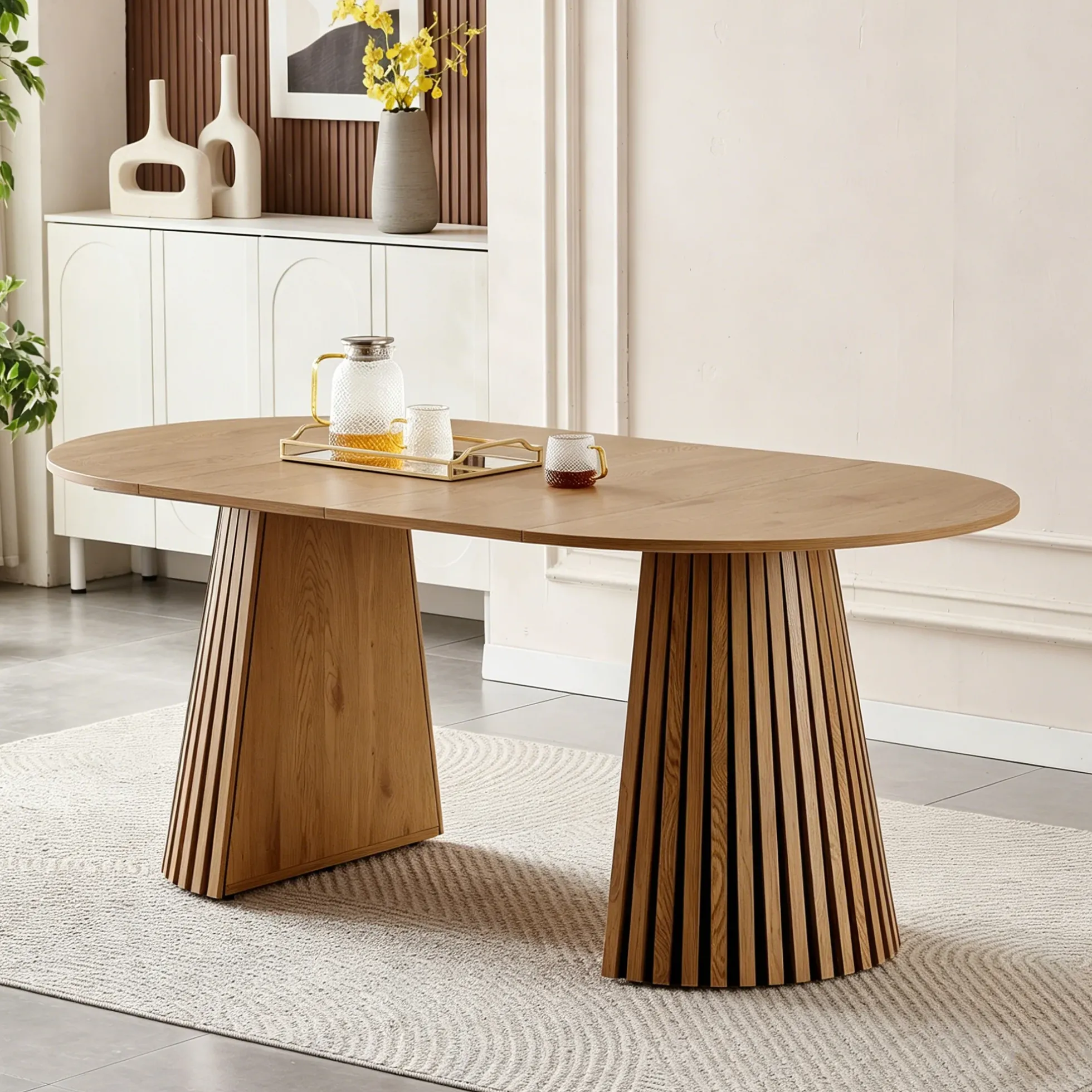 Walker Edison | Modern Reeded Oval Extendable Wooden Dining Table