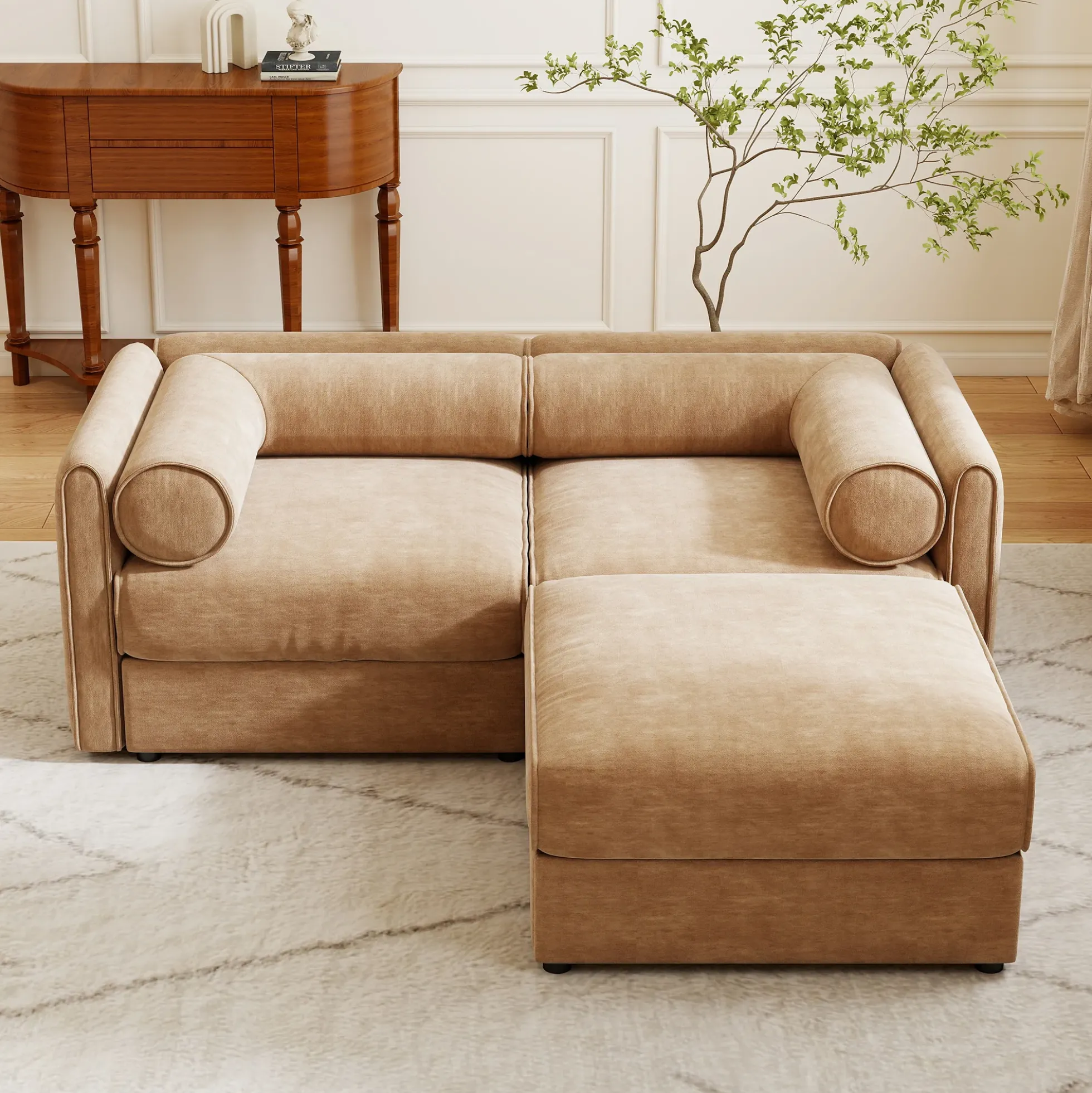 Walker Edison | Modern Stylish Camel Chenille Loveseat Sofa with Ottoman