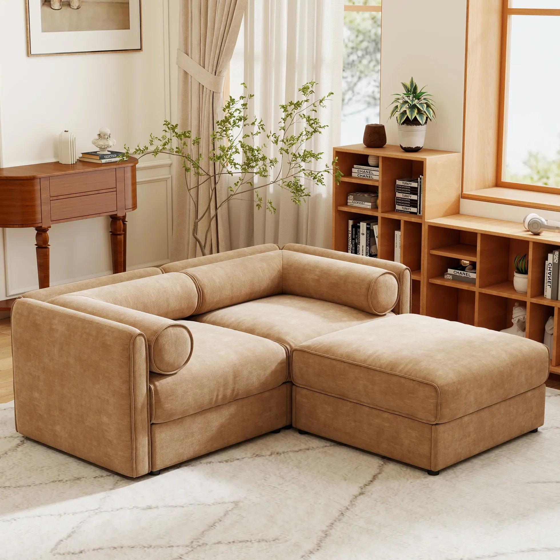 Walker Edison | Modern Stylish Camel Chenille Loveseat Sofa with Ottoman