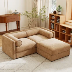 Walker Edison | Modern Stylish Camel Chenille Loveseat Sofa with Ottoman