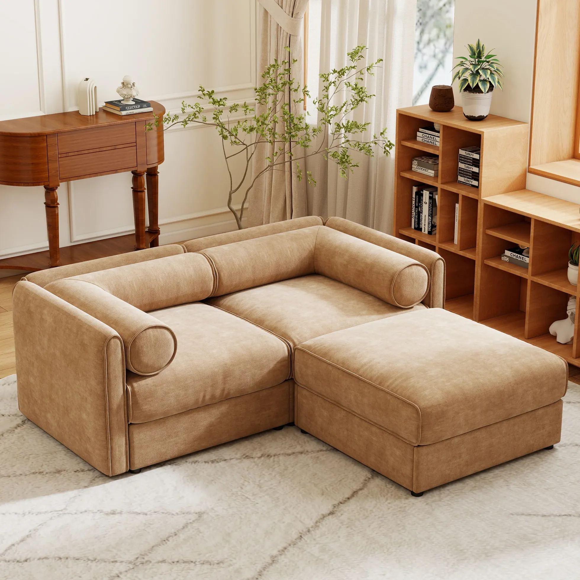 Walker Edison | Modern Stylish Camel Chenille Loveseat Sofa with Ottoman