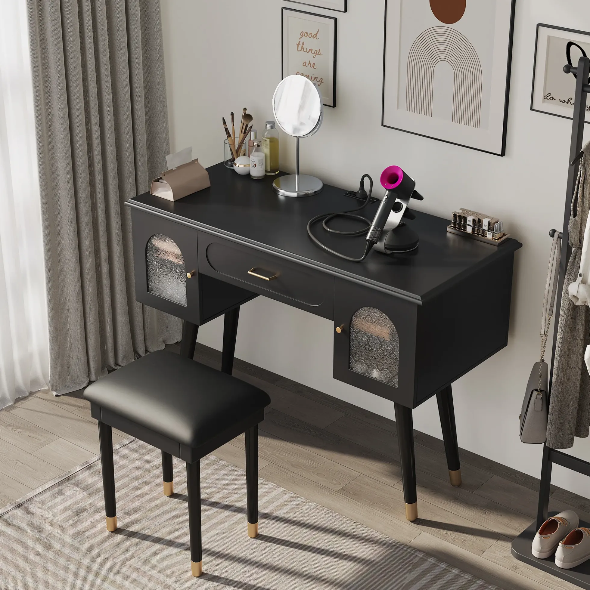 Walker Edison | Modern Vanity Makeup Table & Chair Set and Writing Desk