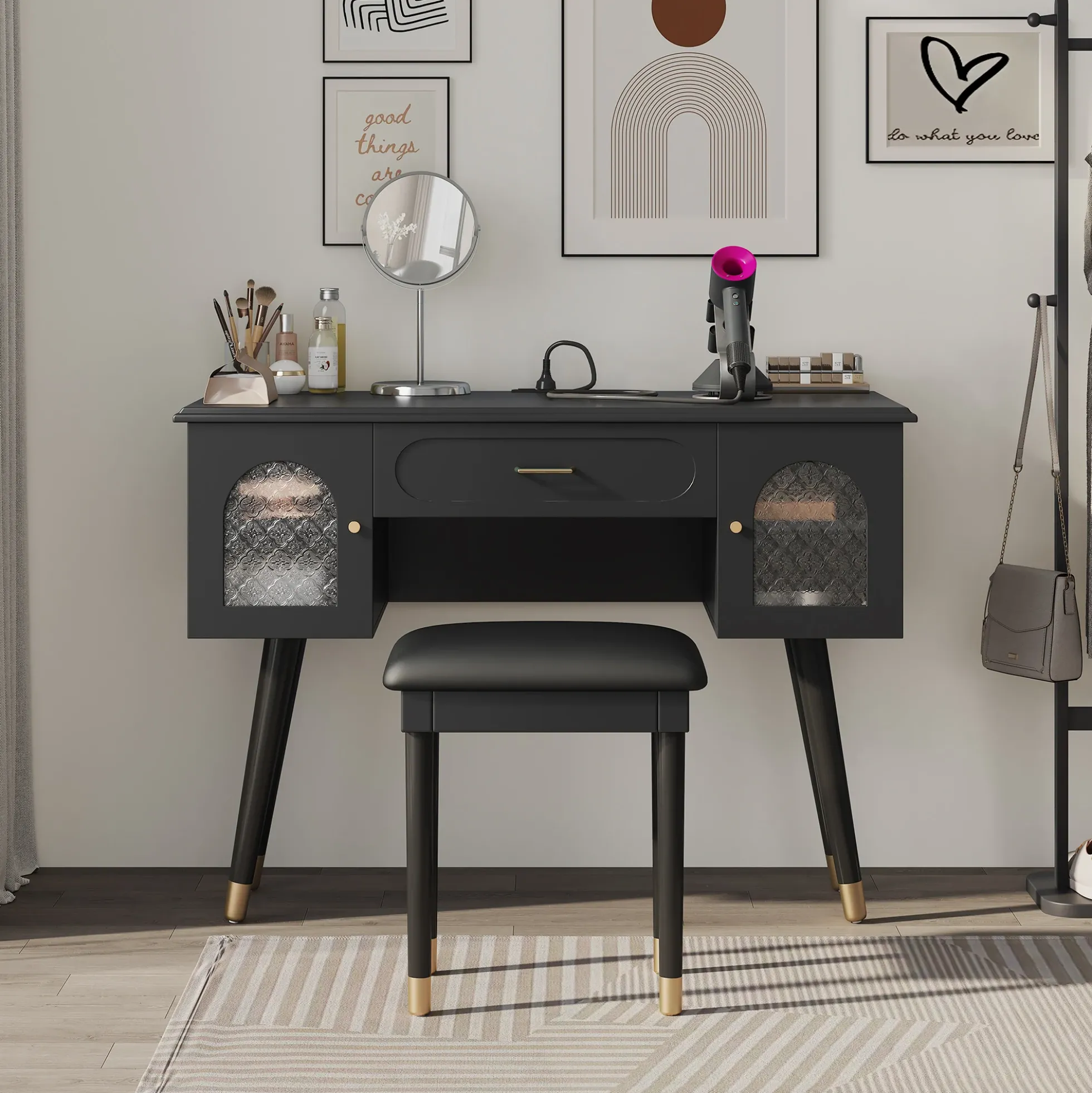 Walker Edison | Modern Vanity Makeup Table & Chair Set and Writing Desk