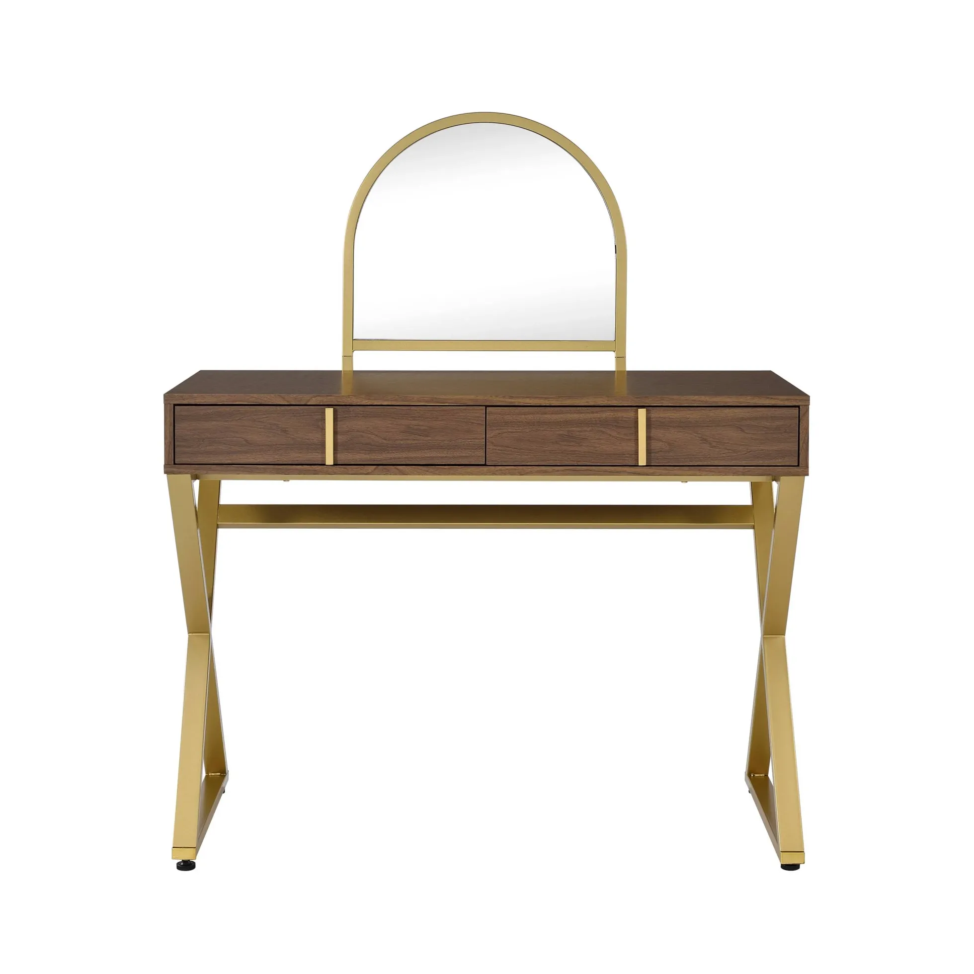 Walker Edison | Modern Walnut and Gold Finish Vanity Desk with Mirror and Jewelry Tray