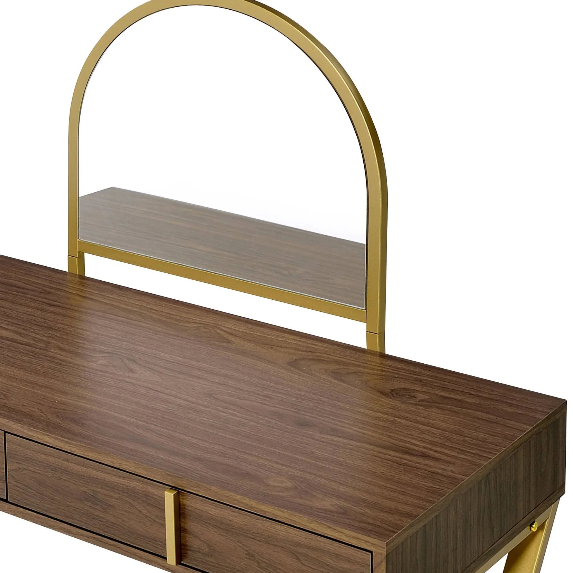 Walker Edison | Modern Walnut and Gold Finish Vanity Desk with Mirror and Jewelry Tray