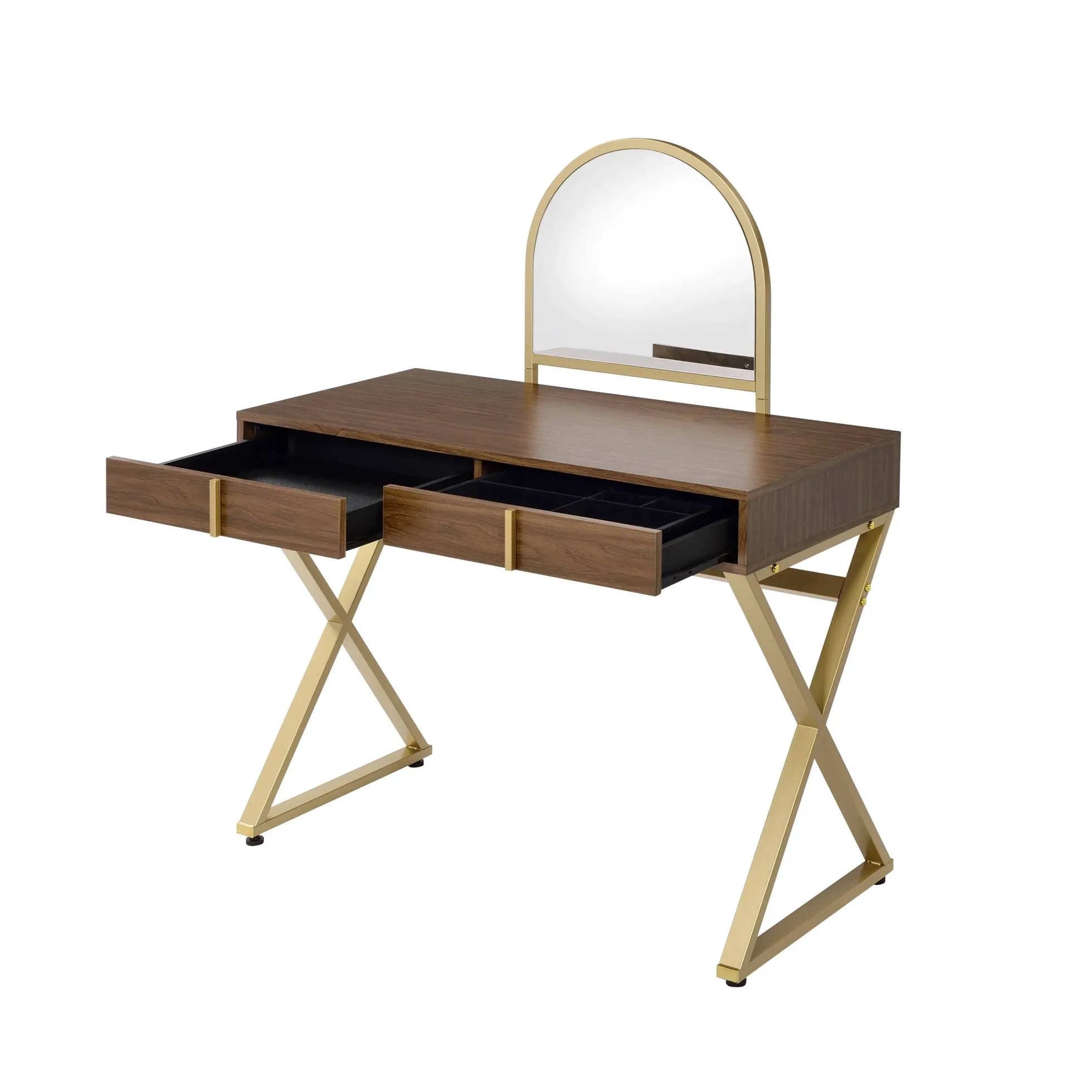 Walker Edison | Modern Walnut and Gold Finish Vanity Desk with Mirror and Jewelry Tray