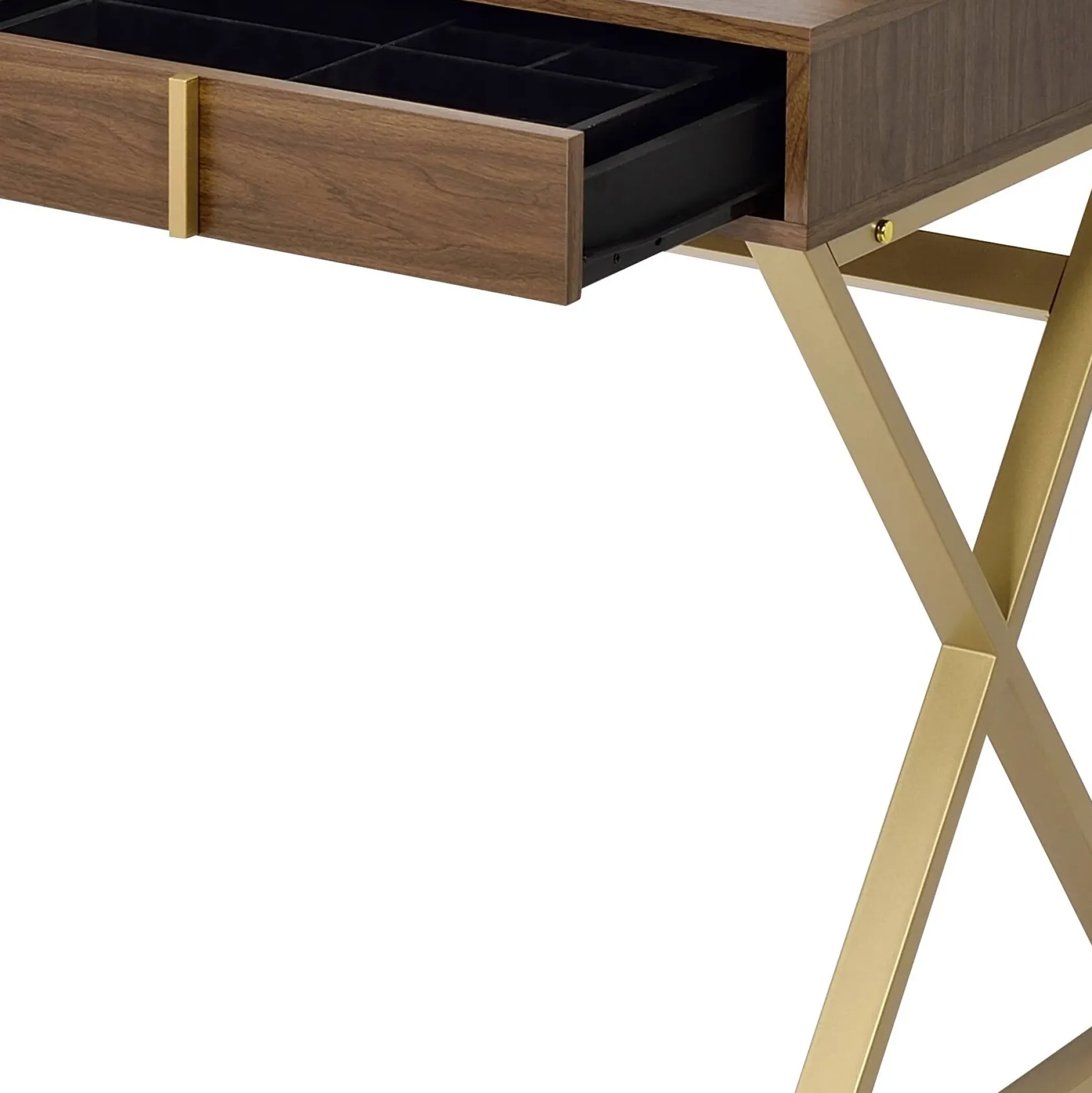 Walker Edison | Modern Walnut and Gold Finish Vanity Desk with Mirror and Jewelry Tray