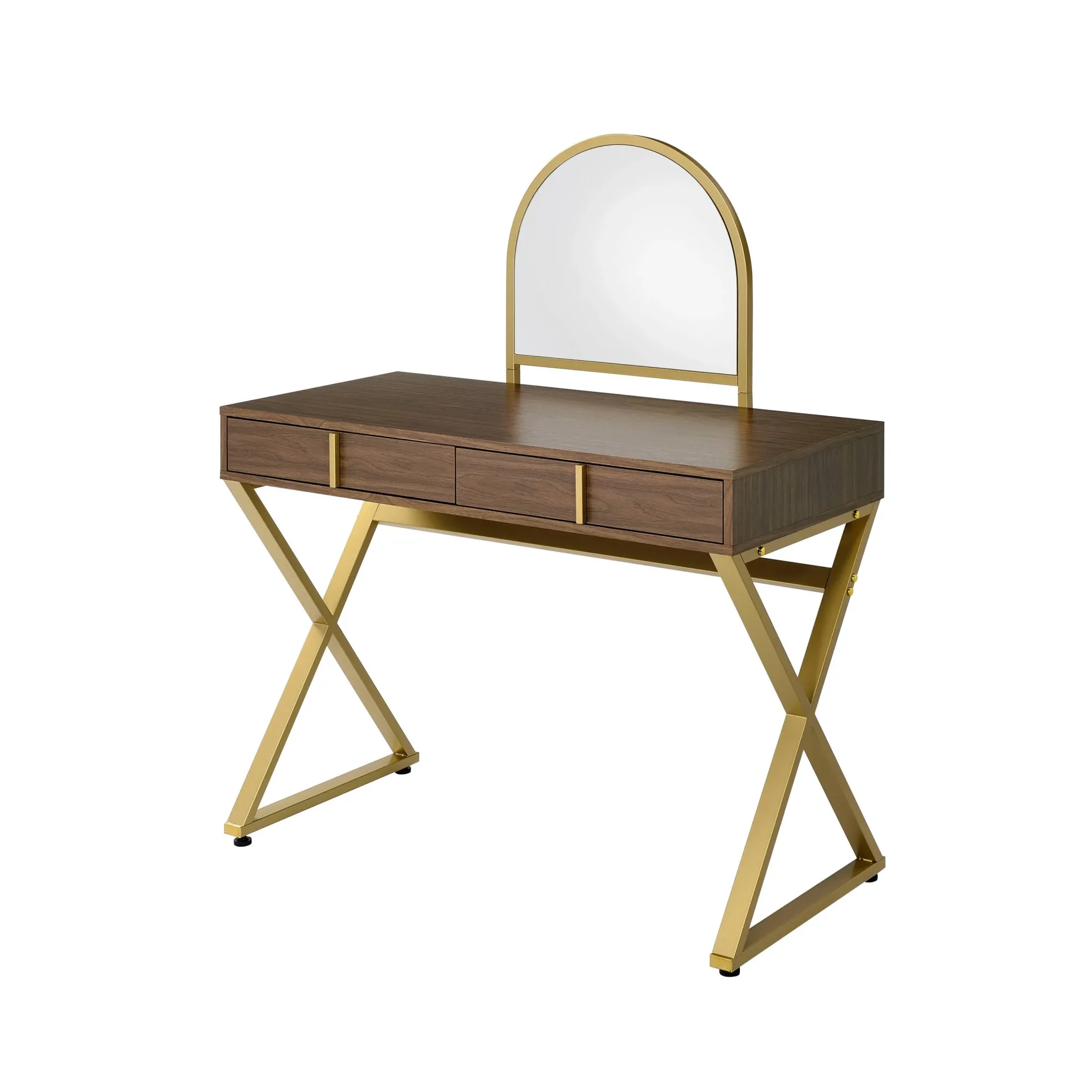 Walker Edison | Modern Walnut and Gold Finish Vanity Desk with Mirror and Jewelry Tray