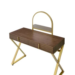 Walker Edison | Modern Walnut and Gold Finish Vanity Desk with Mirror and Jewelry Tray