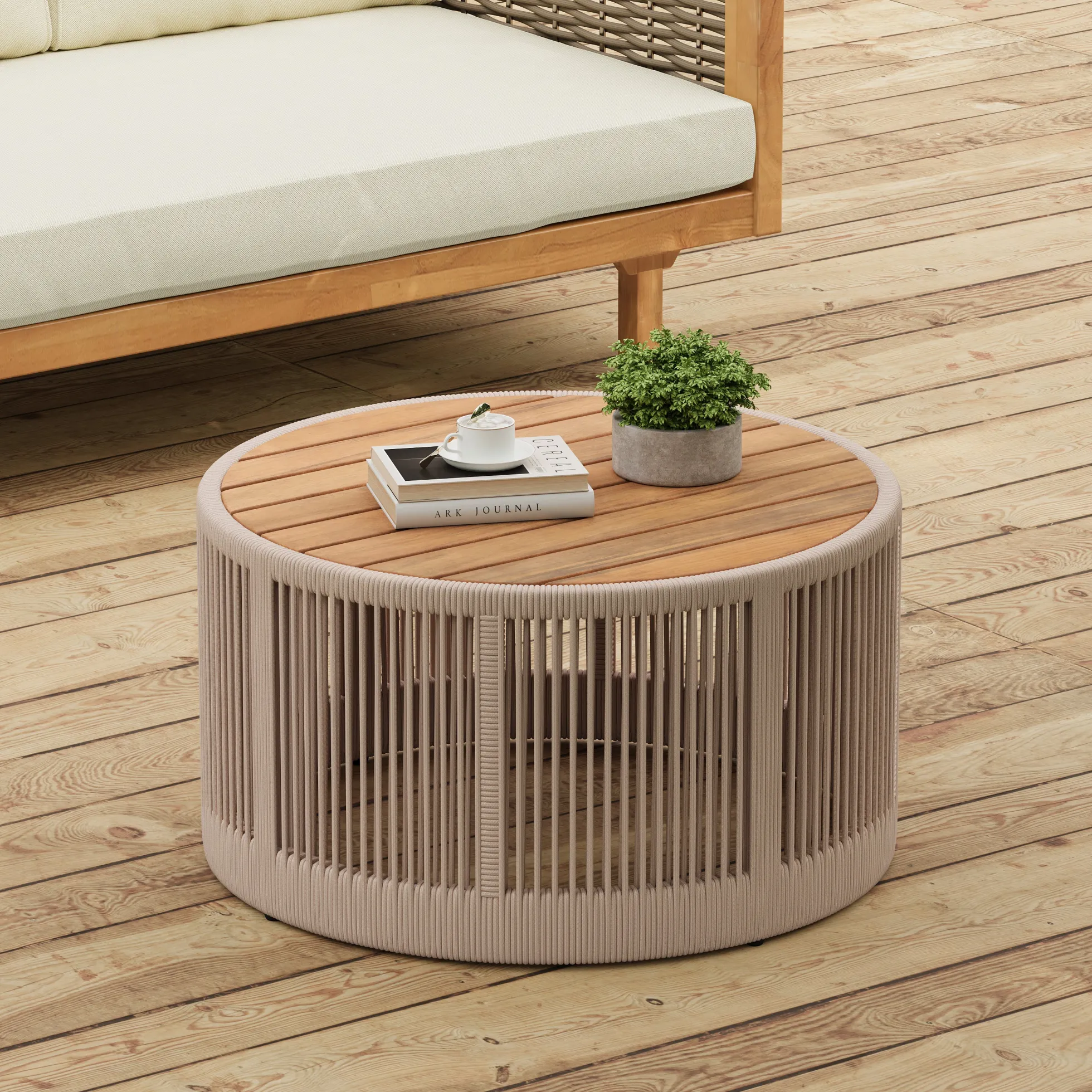 Walker Edison | Modern Woven Rope Design Coffee Table and Side Table Set of 2