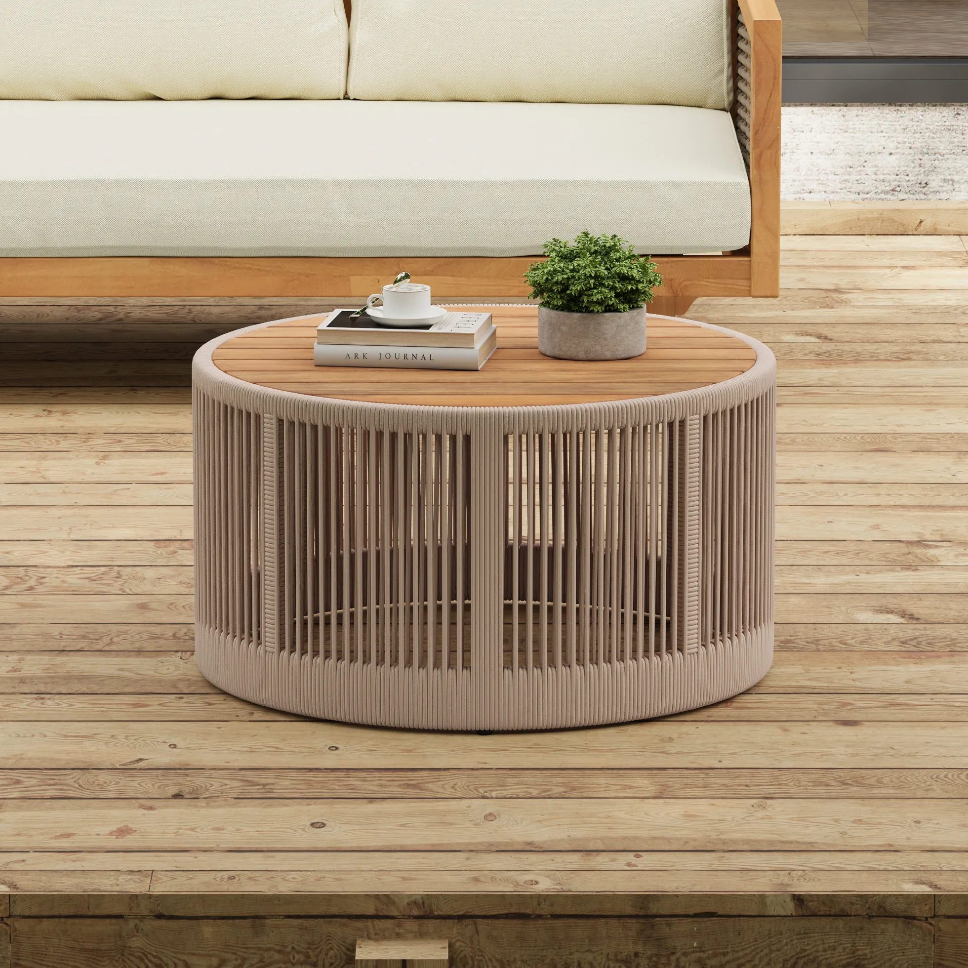 Walker Edison | Modern Woven Rope Design Coffee Table and Side Table Set of 2