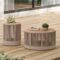 Walker Edison | Modern Woven Rope Design Coffee Table and Side Table Set of 2