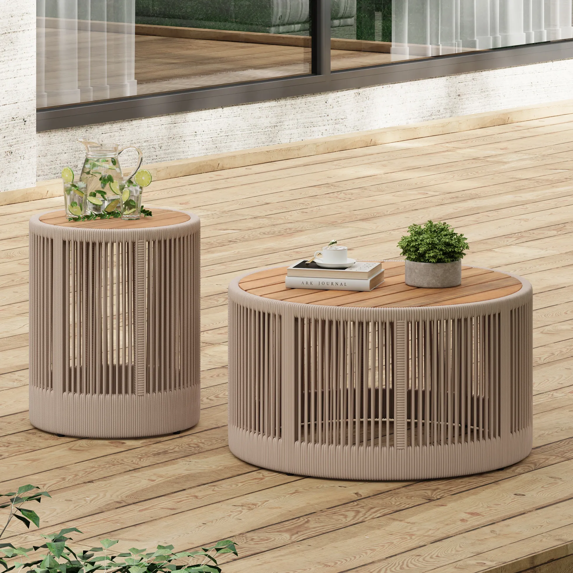 Walker Edison | Modern Woven Rope Design Coffee Table and Side Table Set of 2