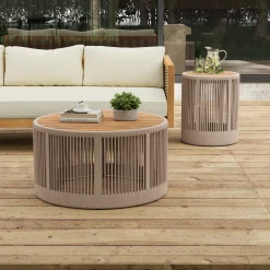 Walker Edison | Modern Woven Rope Design Coffee Table and Side Table Set of 2