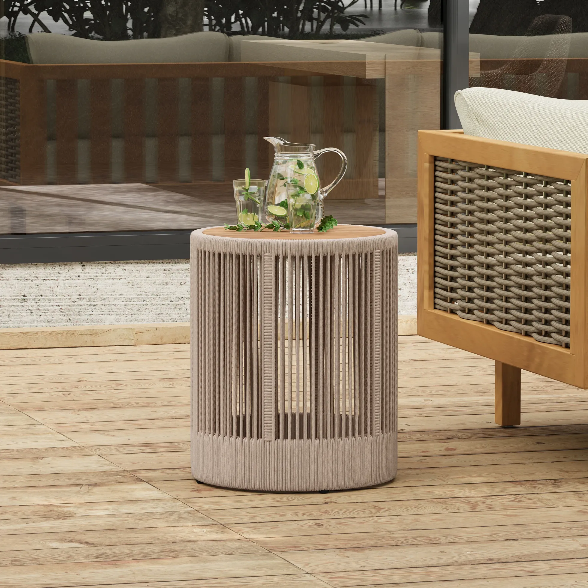 Walker Edison | Modern Woven Rope Design Coffee Table and Side Table Set of 2
