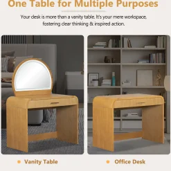 Walker Edison | Natural Reeded Curve Design Makeup Vanity Desk with Mirror