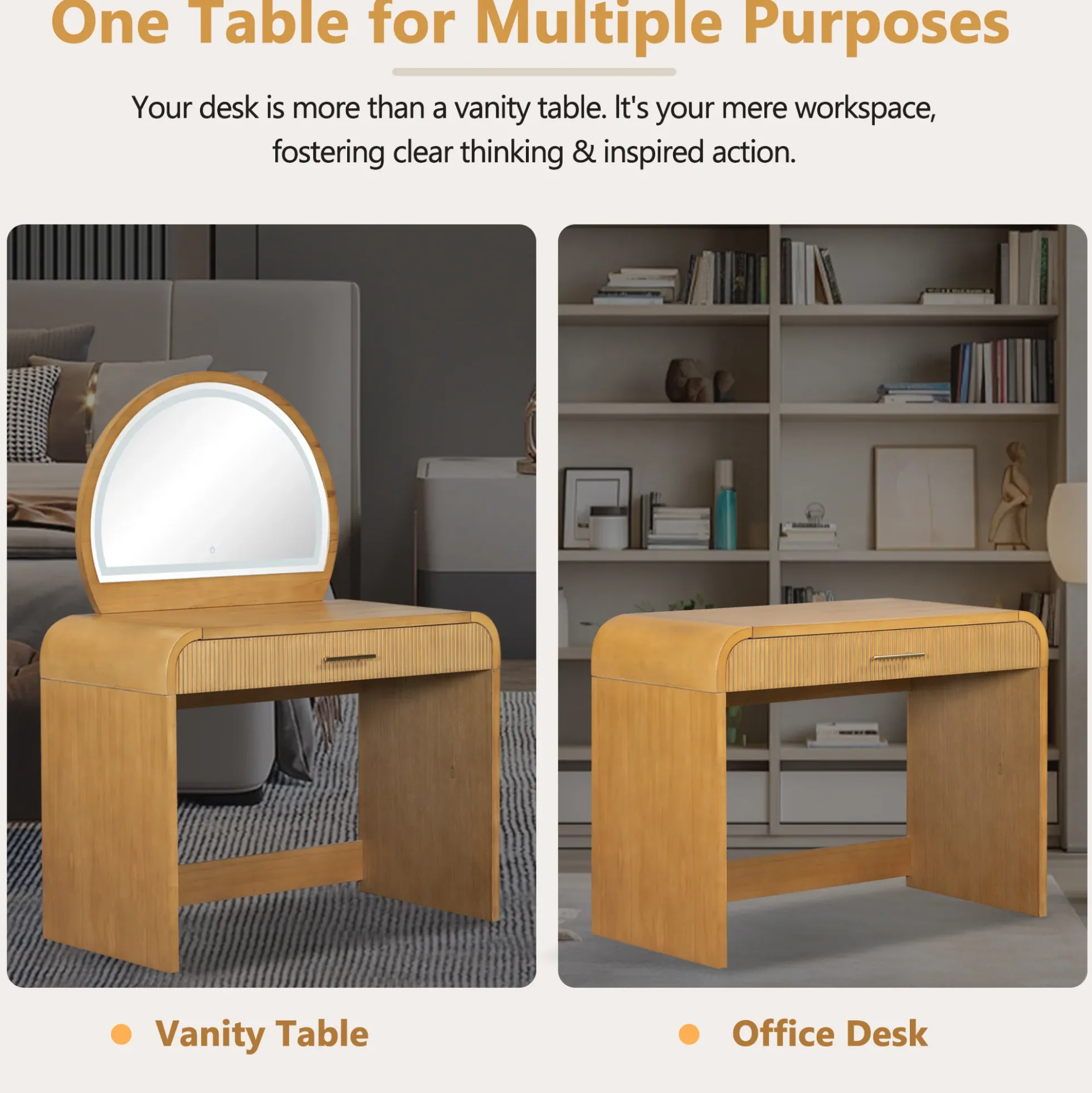 Walker Edison | Natural Reeded Curve Design Makeup Vanity Desk with Mirror