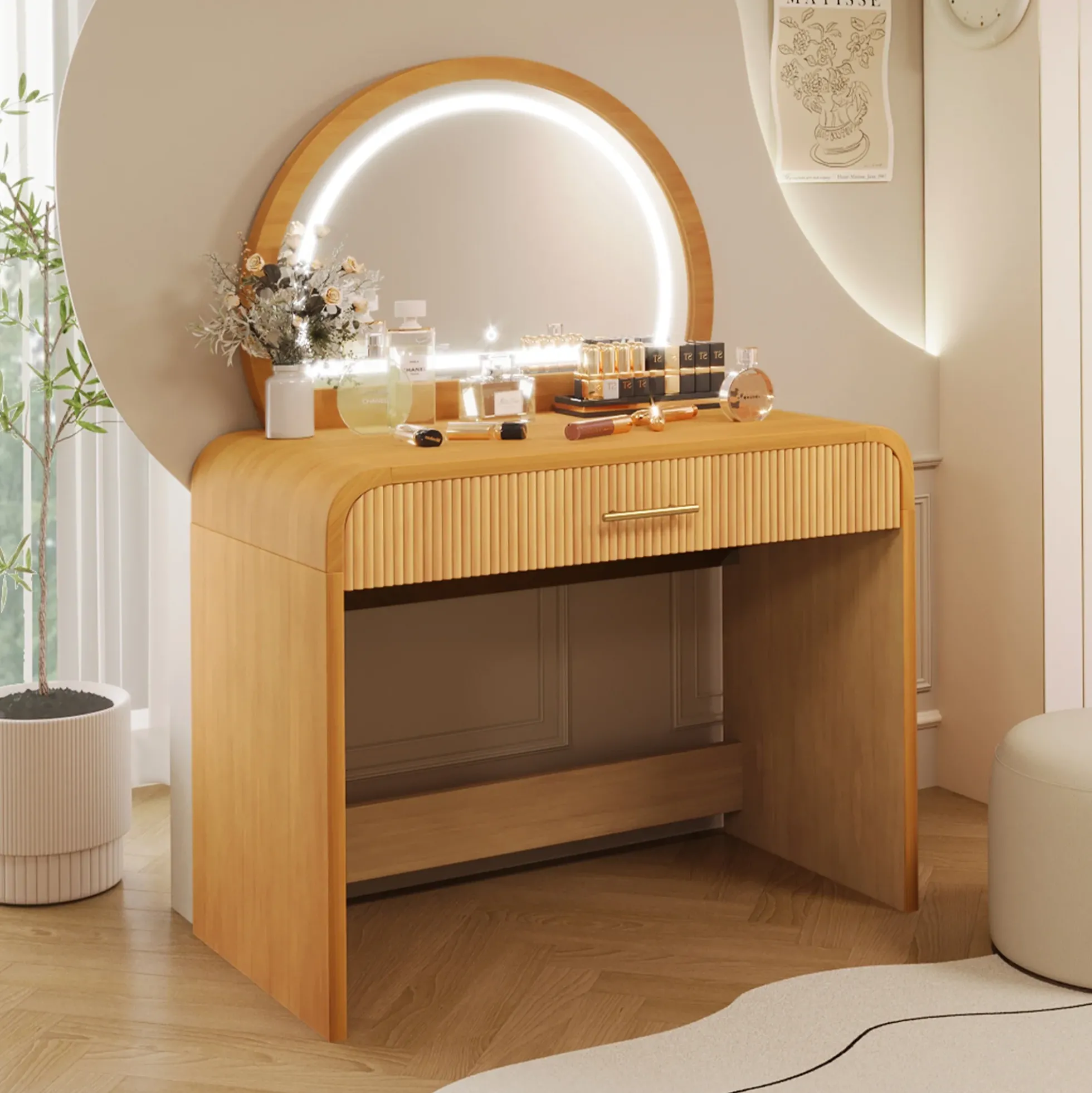Walker Edison | Natural Reeded Curve Design Makeup Vanity Desk with Mirror
