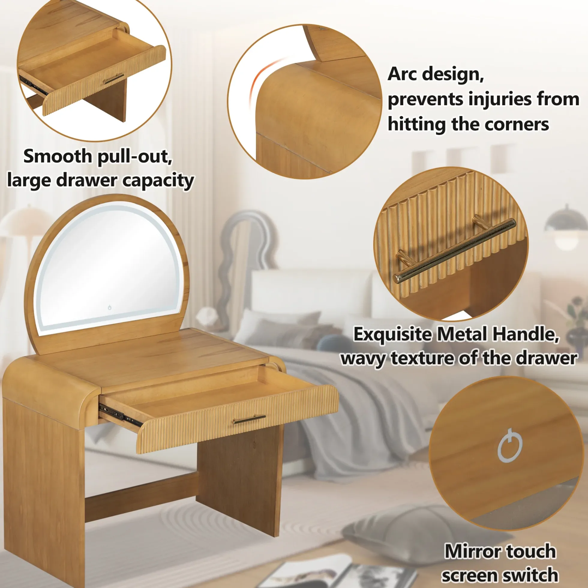 Walker Edison | Natural Reeded Curve Design Makeup Vanity Desk with Mirror