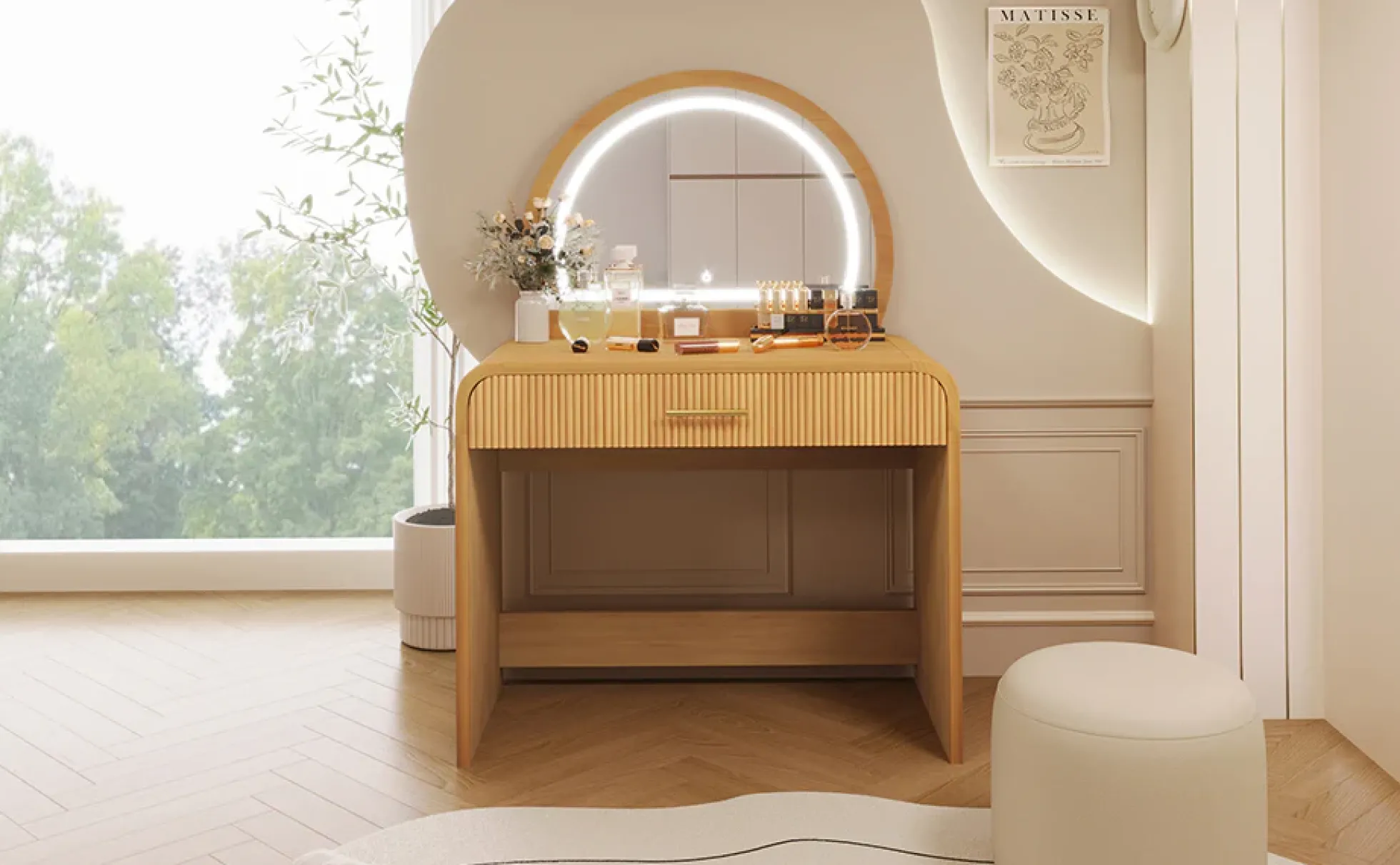 Walker Edison | Natural Reeded Curve Design Makeup Vanity Desk with Mirror